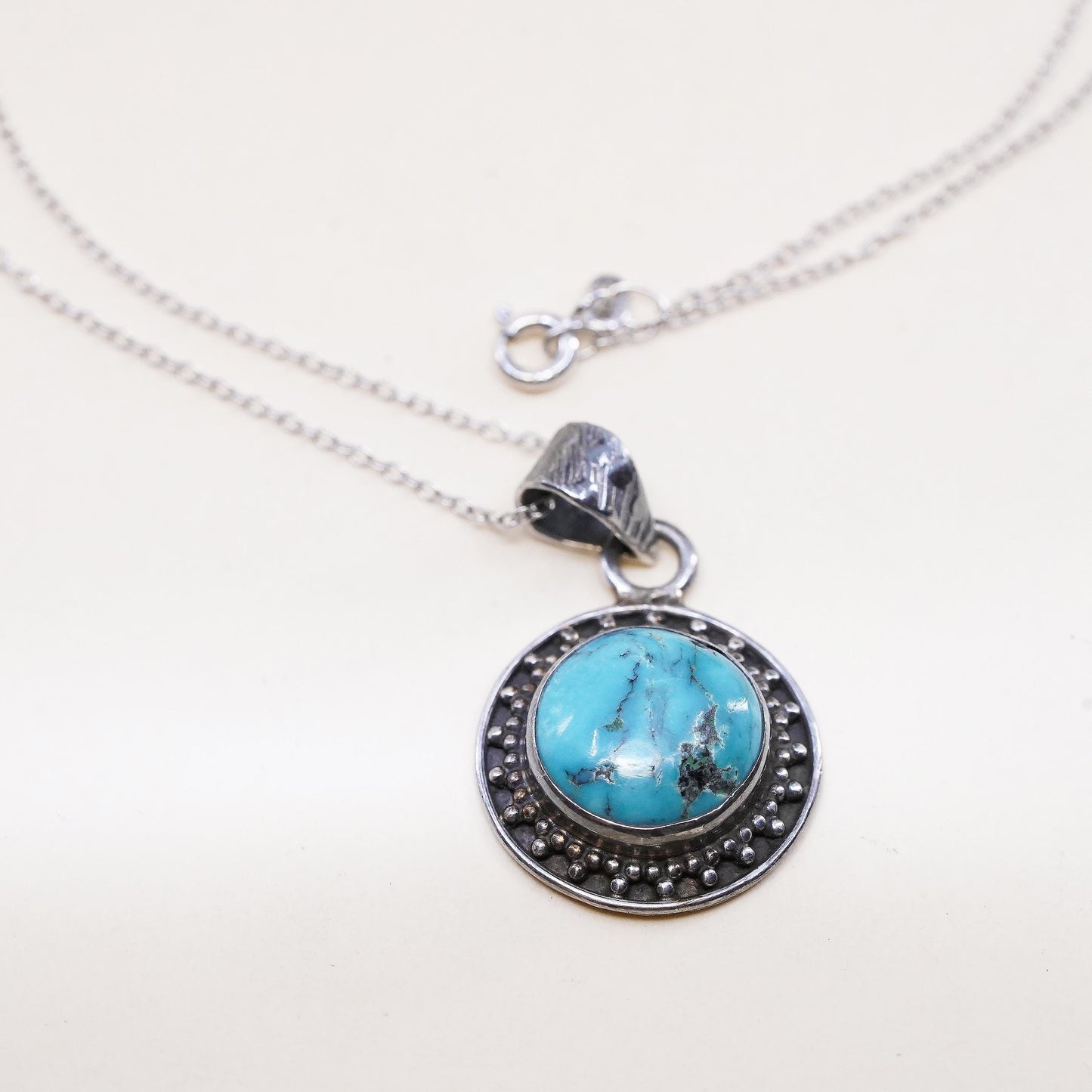 18", Southwestern Sterling silver necklace, 925 circle turquoise round pendant