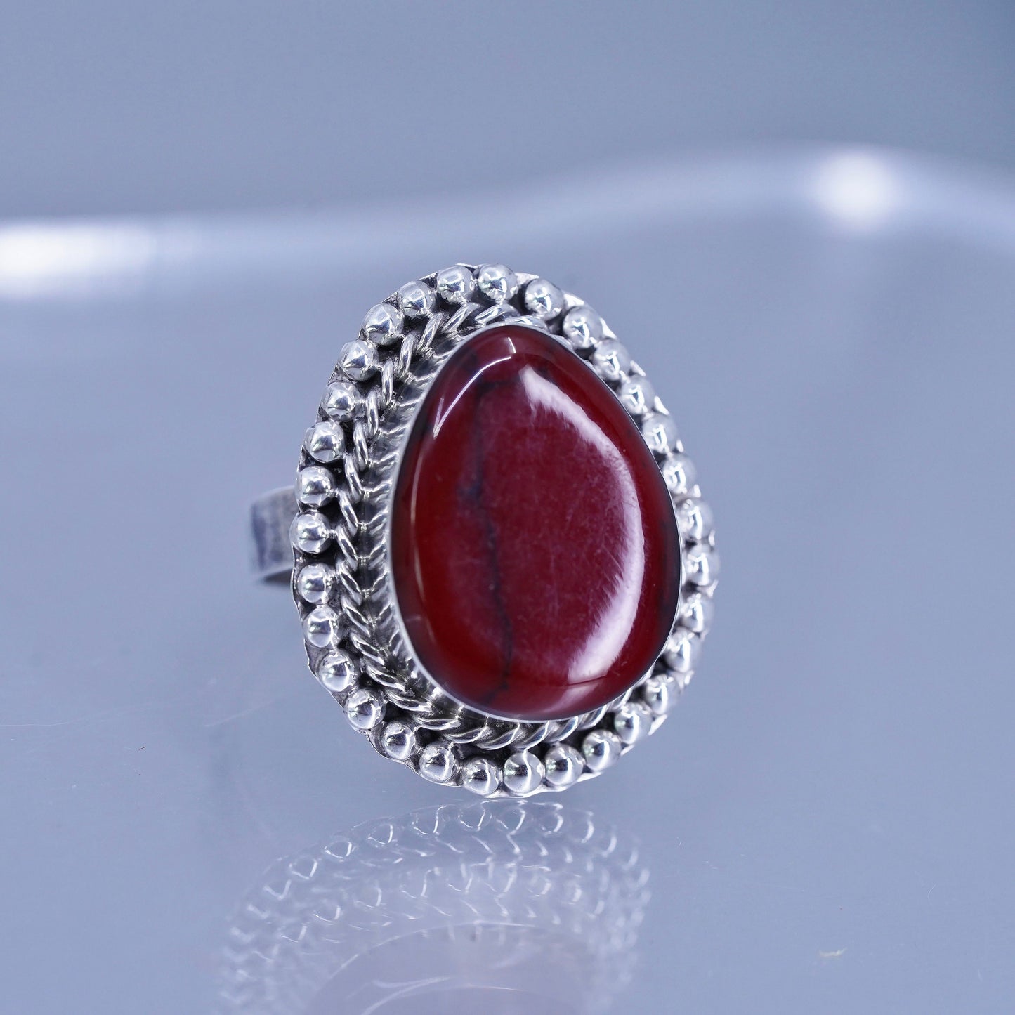 vintage southwestern Sterling 925 silver handmade ring with teardrop red jasper