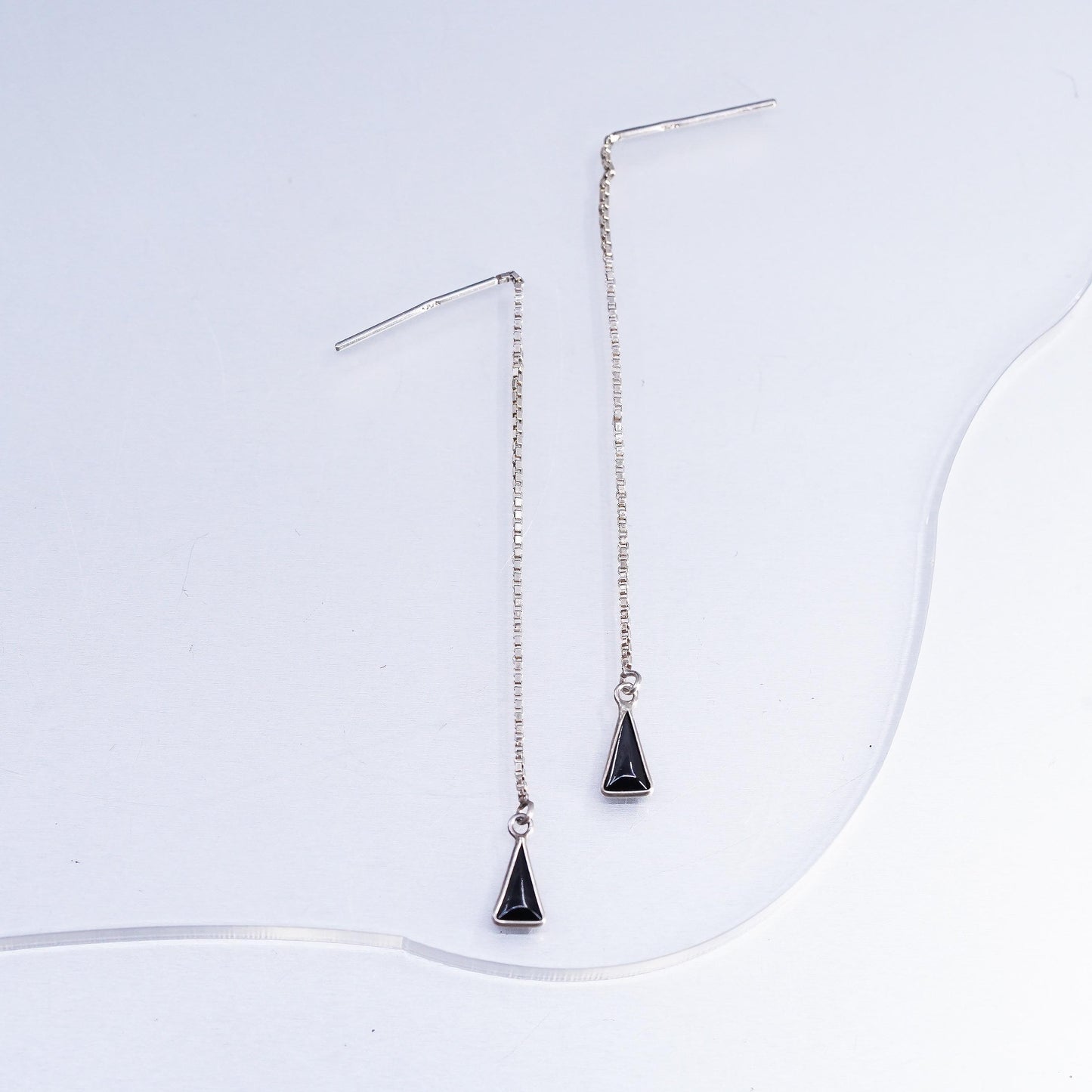Vintage Sterling 925 silver handmade box chain earrings triangular onyx dangles