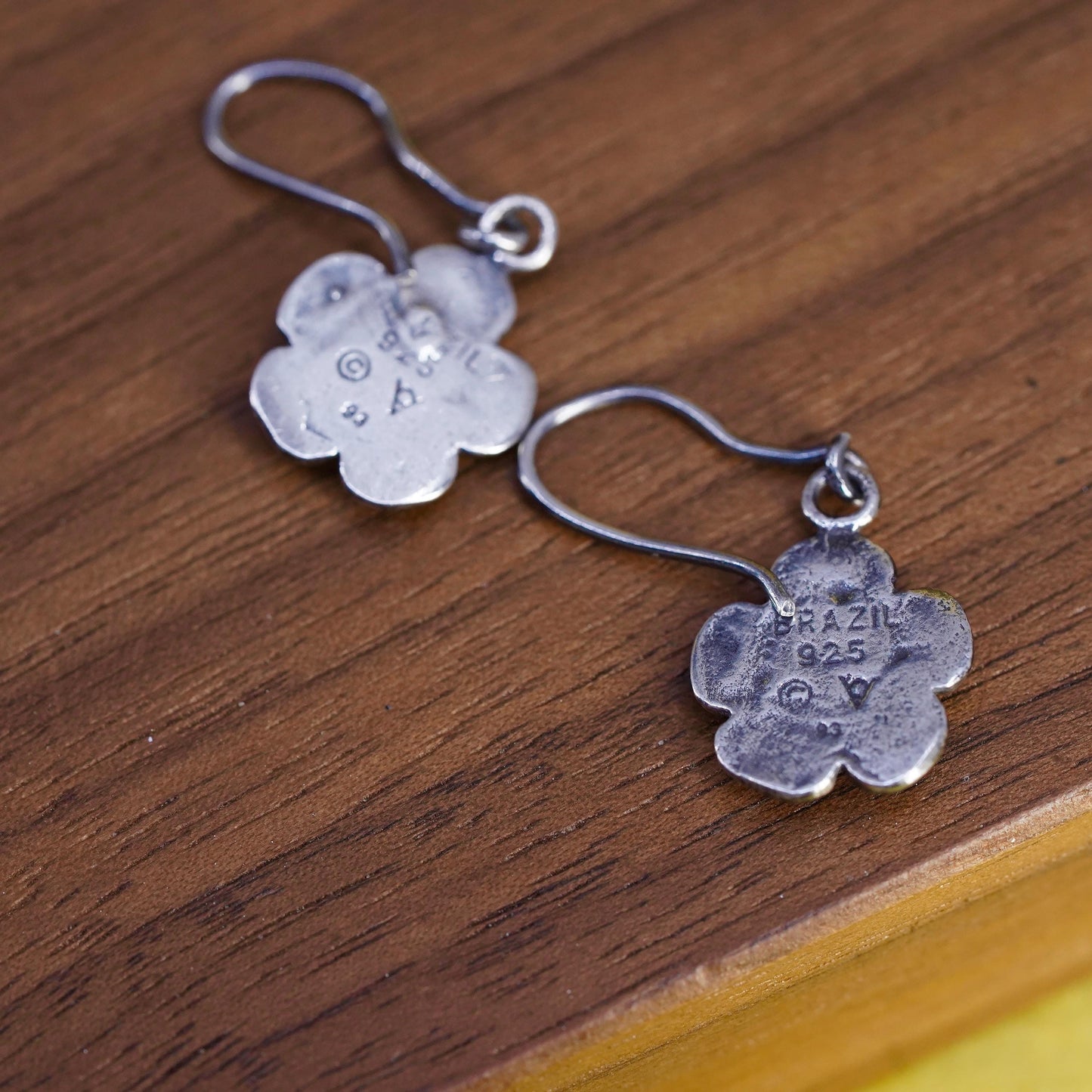 Vintage Brazil sterling 925 silver handmade flower earrings with artisan glass