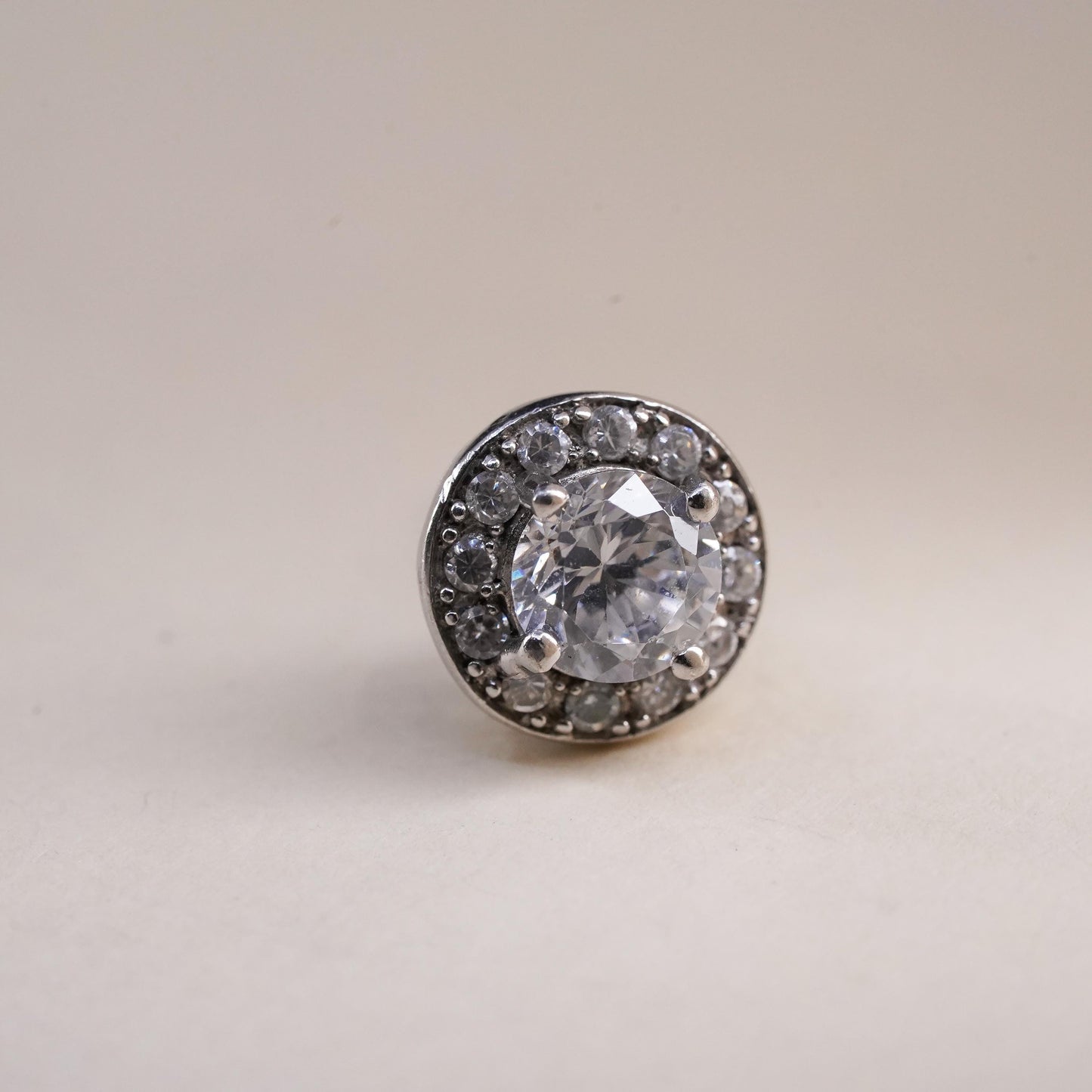 Vintage handmade single earring. Sterling 925 silver cz circle stud