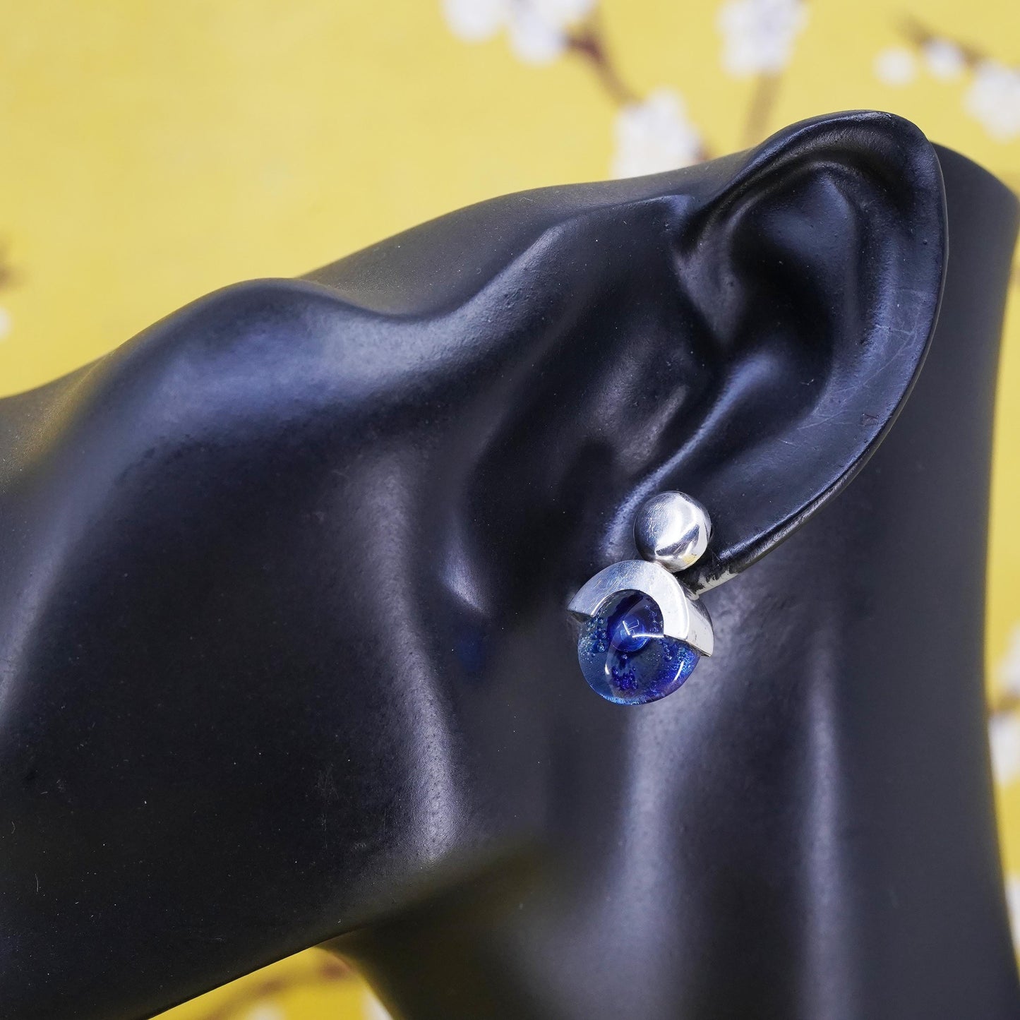 vintage Mexican Sterling silver studs, circle earrings with blue glass
