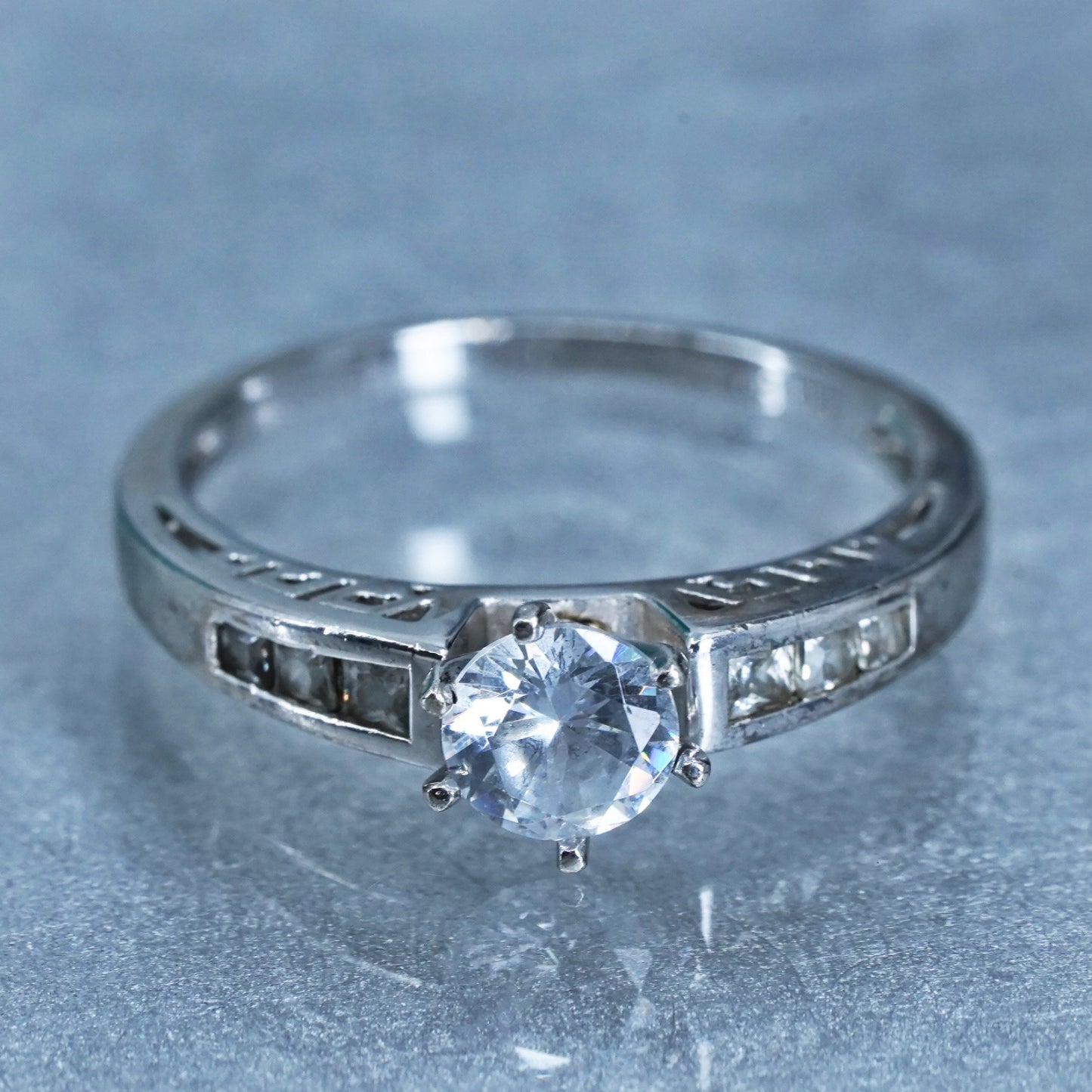 Size 7.25, vintage Sterling 925 silver handmade engagement ring with cluster Cz