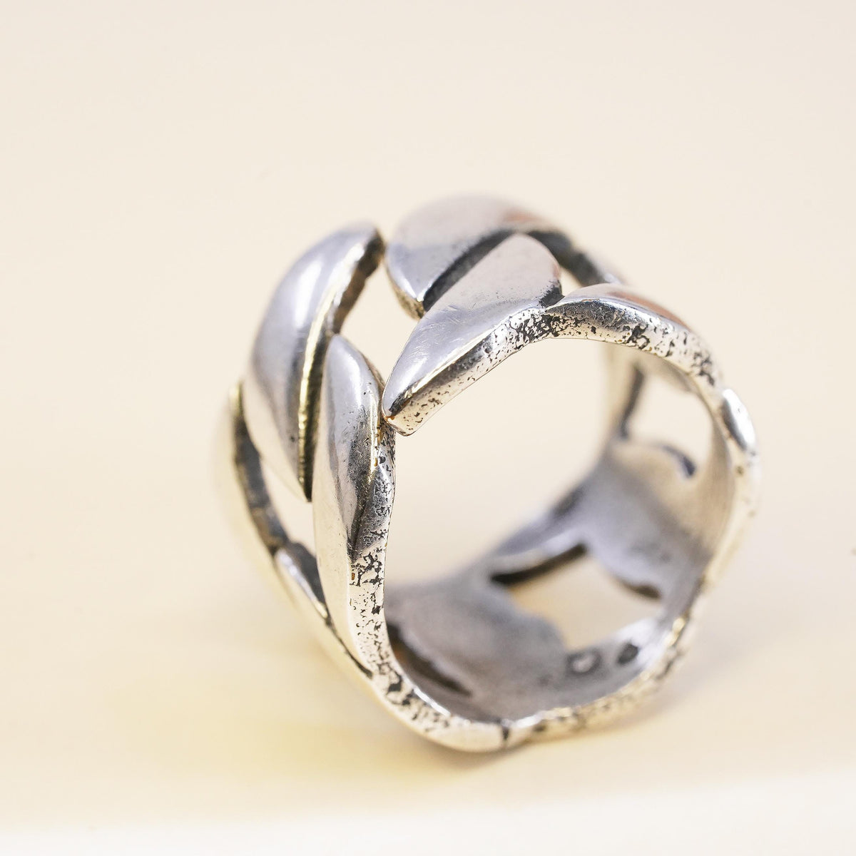 Size 6, Sterling Silver 925 Wide Open Link Chain Ring, Chunky Modernist Band