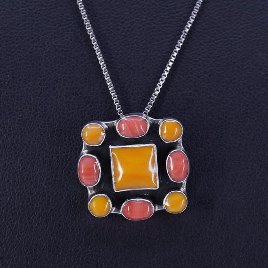 18”, Native American Sterling 925 silver box chain necklace coral pendant