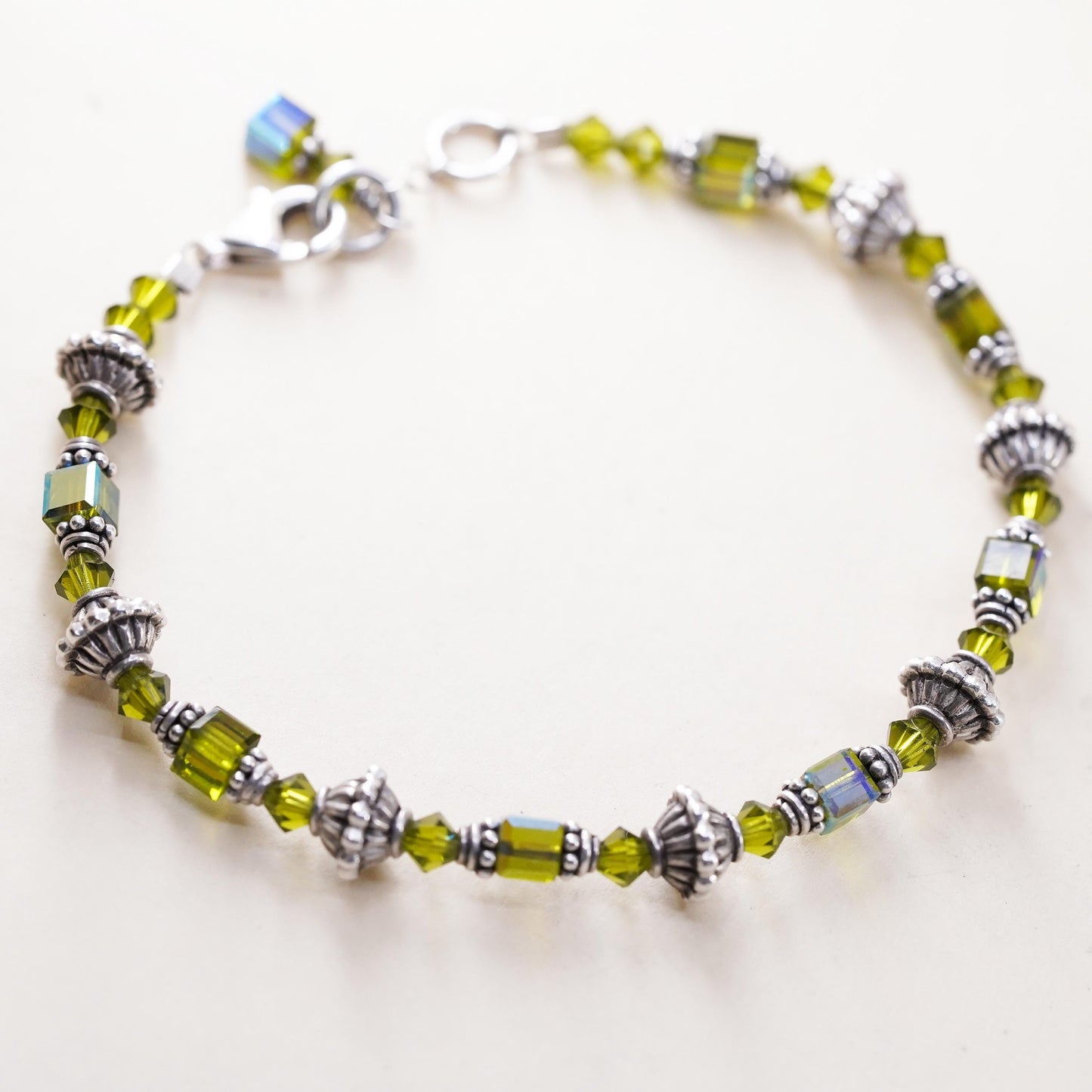 7", vintage Sterling silver handmade bracelet, 925 beads chain green Crystal