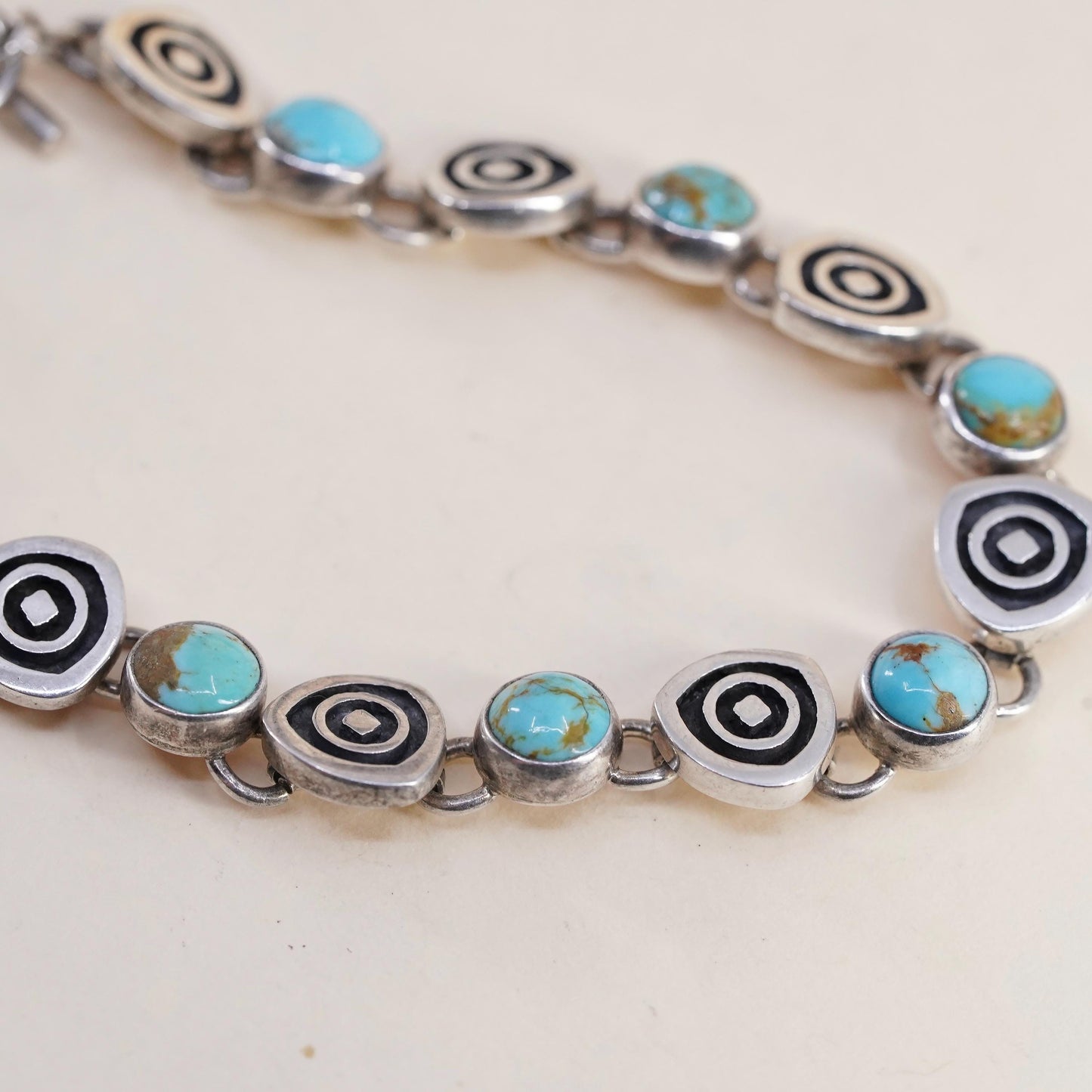 6.75”, southwestern Sterling 925 silver bracelet w/ turquoise beads and spiral