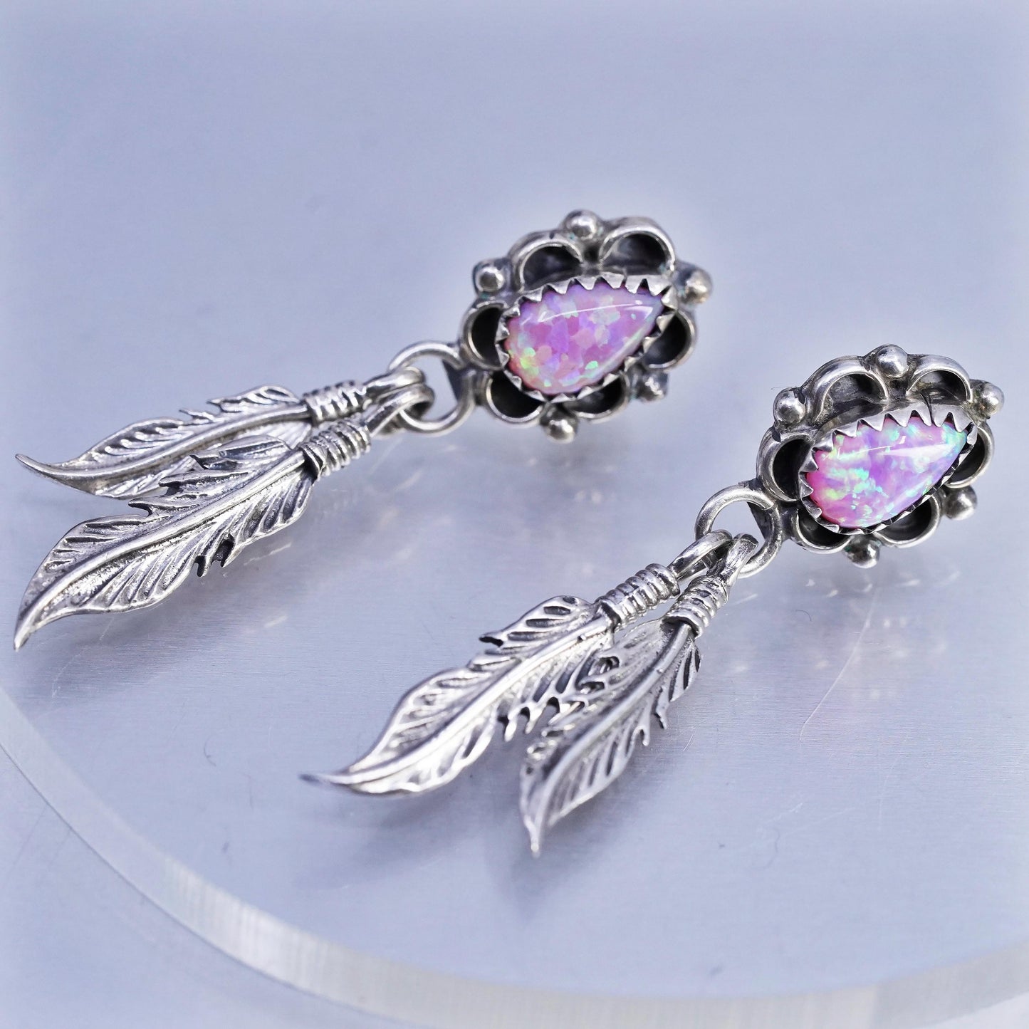 VTG Sterling silver handmade earrings, 925 teardrop studs opal feather dangles