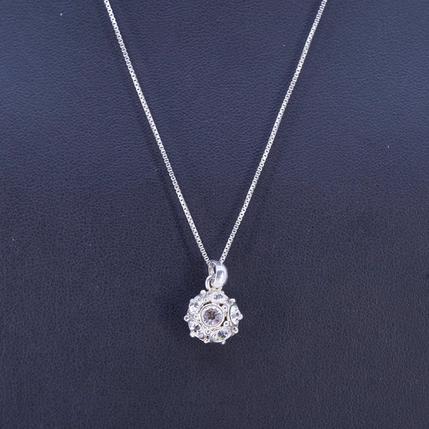 18", vintage Sterling 925 silver box chain necklace cluster cz bead pendant