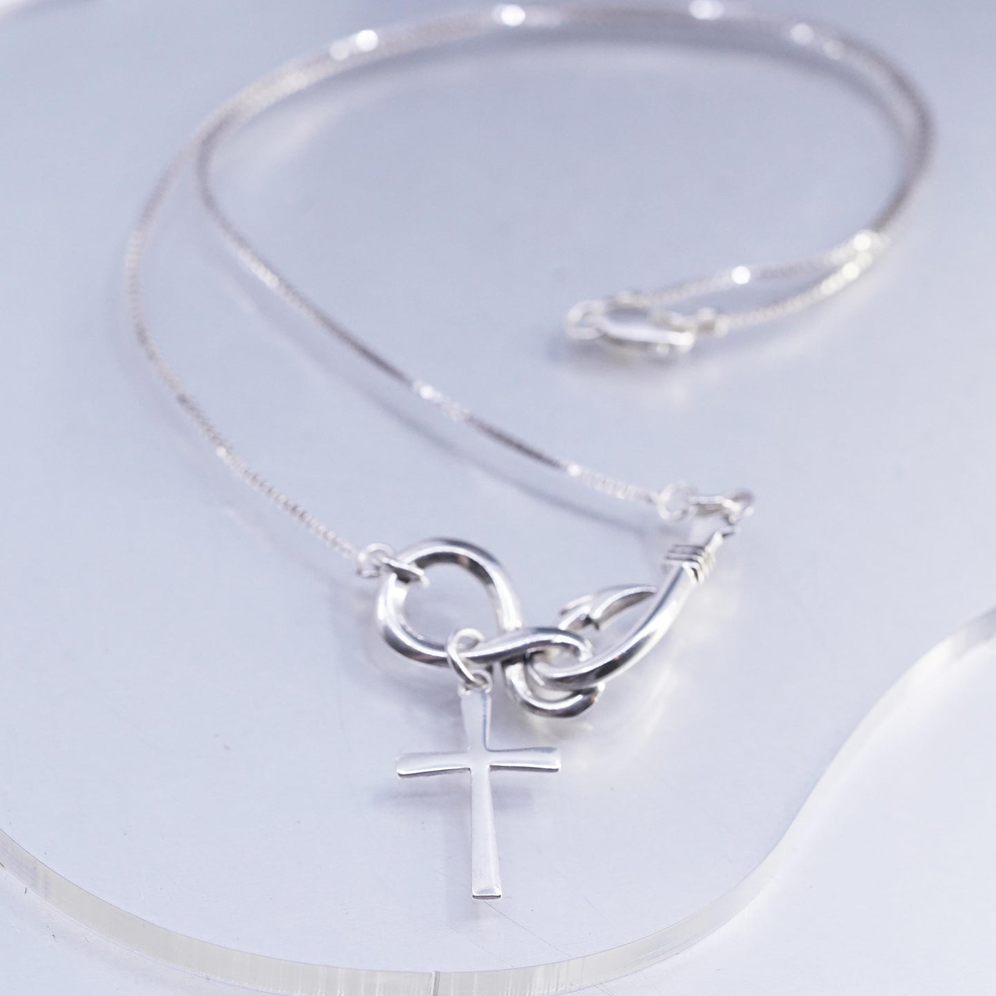18" Sterling 925 Silver Fish Hook Infinity Cross Necklace, Pendant Christian