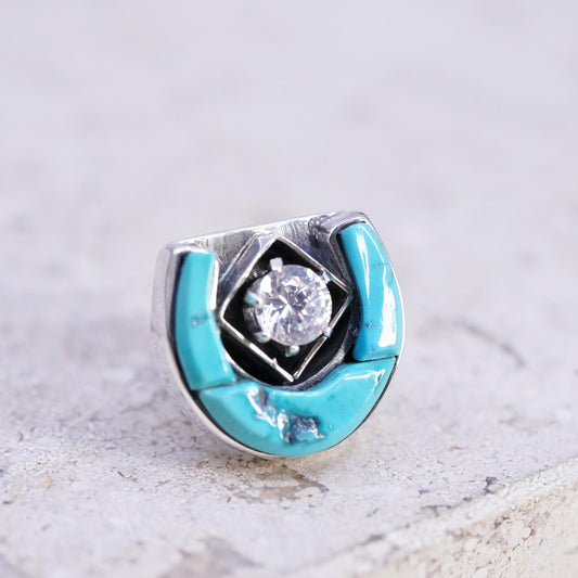 Native American Sterling silver brooch, 925 turquoise cz horseshoe pin
