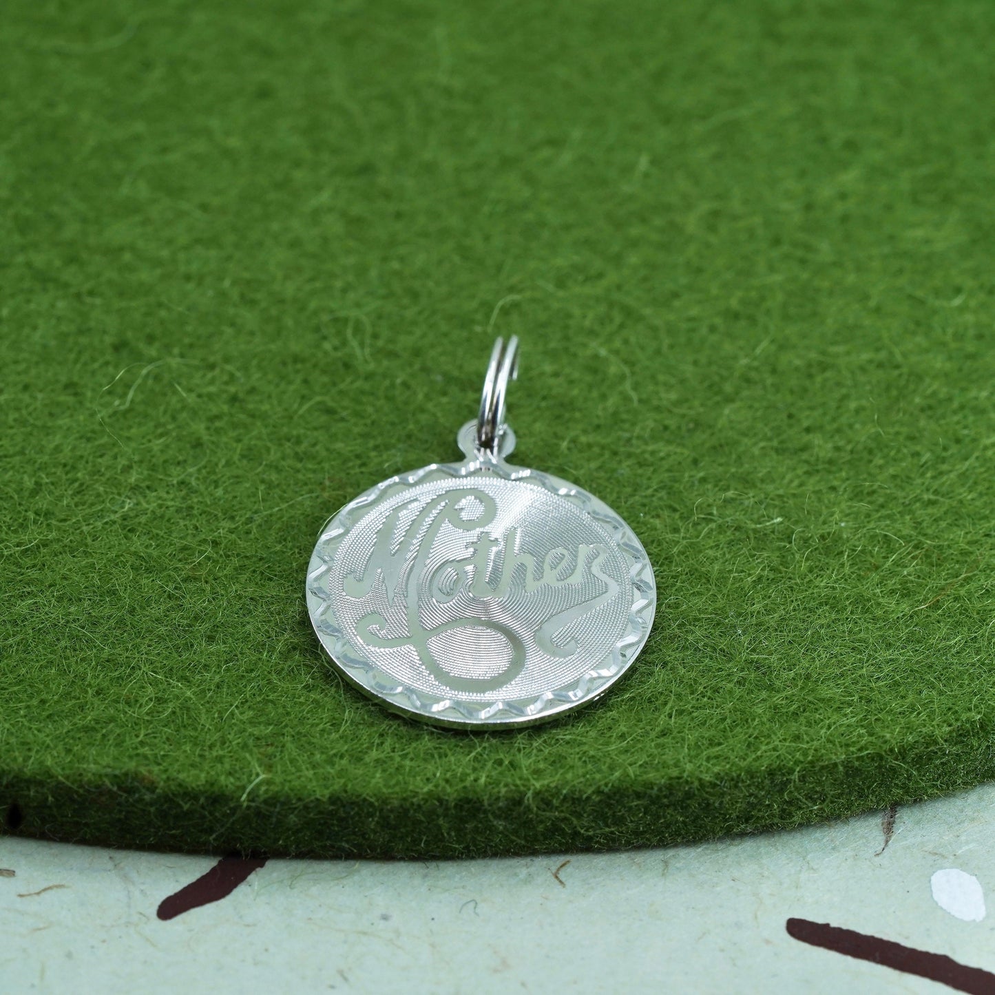 Vintage sterling silver pendant, 925 circle tag charm embossed “mother”