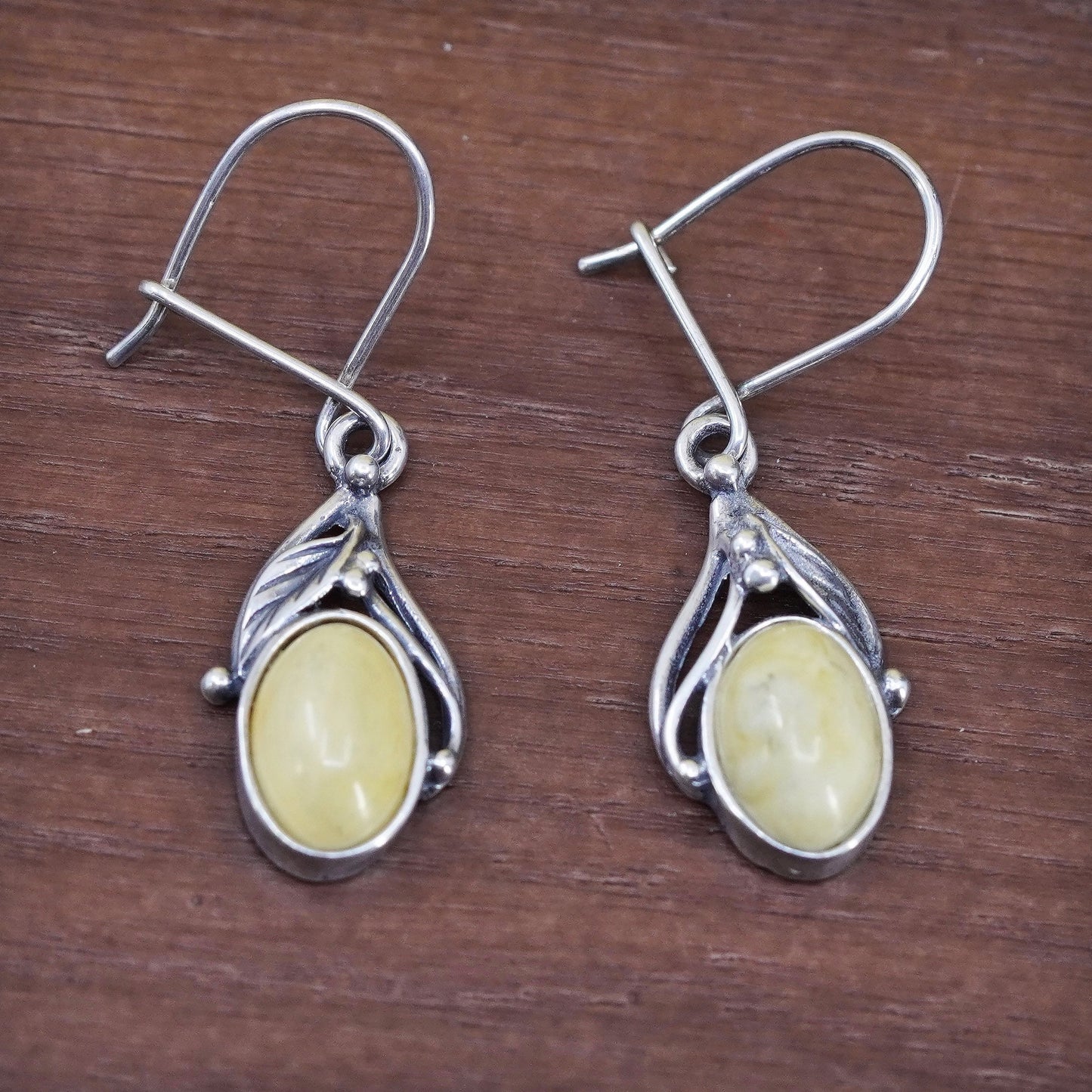 Vintage Israel Sterling silver handmade earrings, 925 leaves with white jasper