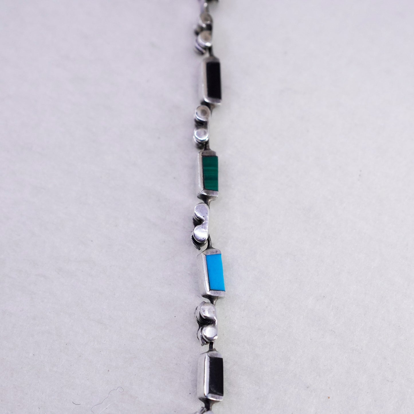 17”, Sterling 925 silver zuni choker collar necklace turquoise jasper obsidian