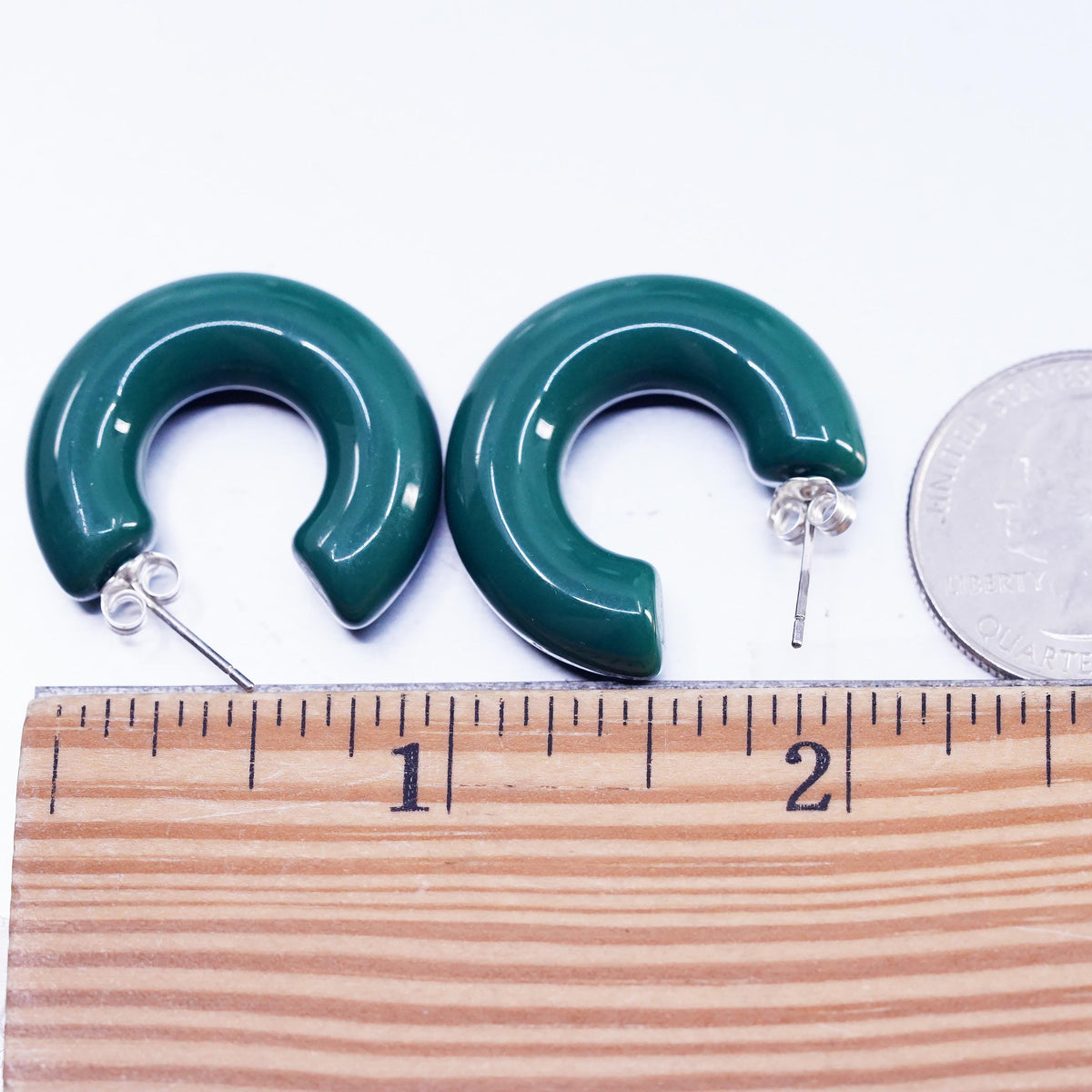 Vintage 925 Sterling Silver Handmade Hoop Earrings, huggie studs green resin