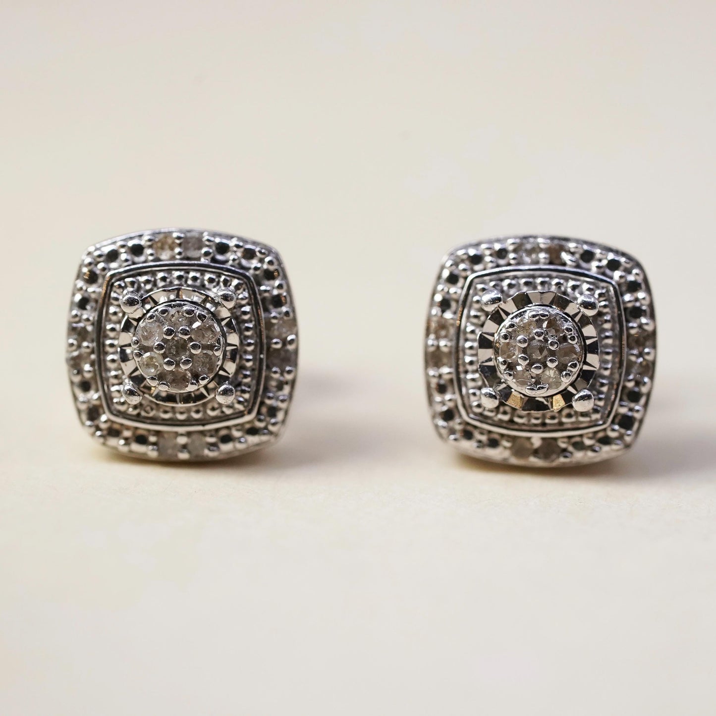Vintage sterling silver handmade earrings, 925 studs with cluster diamonds