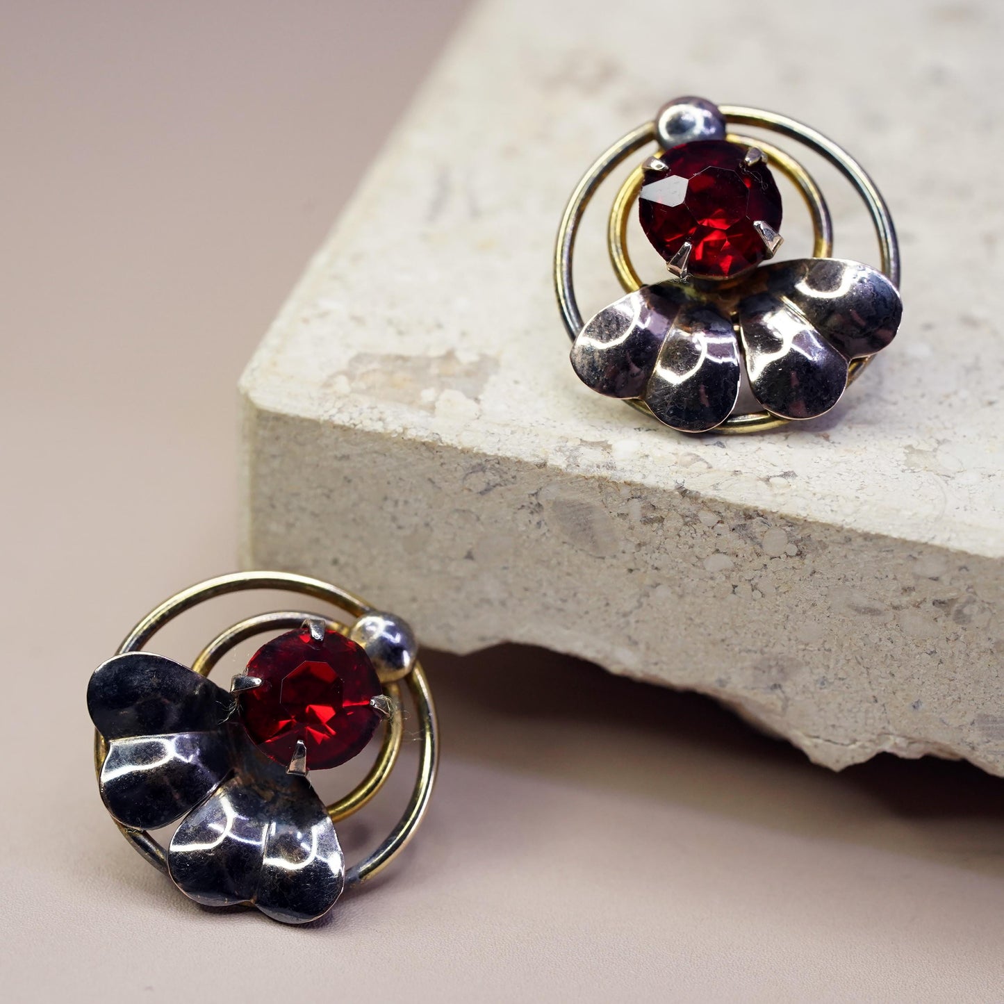 Vintage gold plated Sterling 925 silver screw back earrings with red Rhinestone