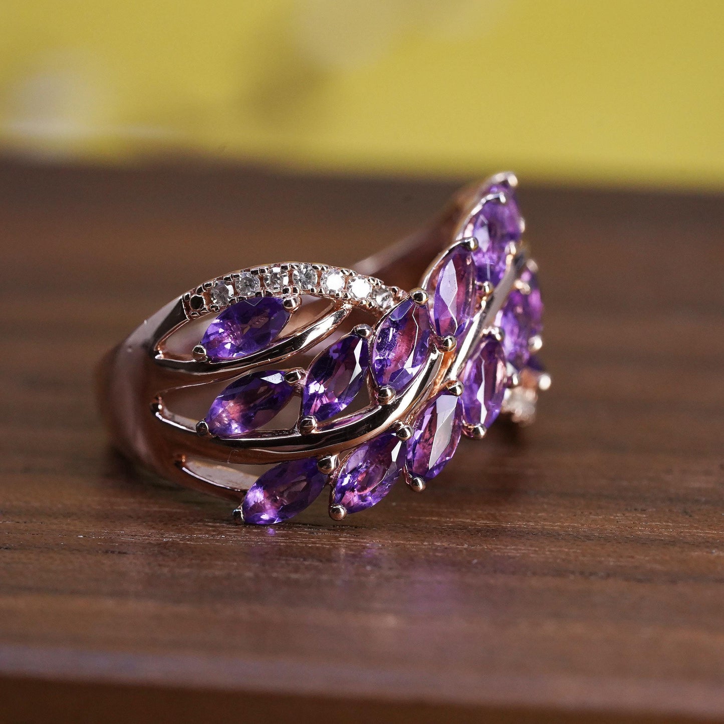 Size 7.25, PM vermeil rose gold over Sterling 925 silver ring amethyst diamonds
