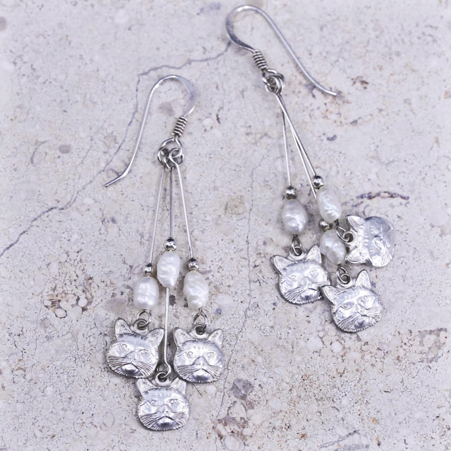 Vintage Meow sterling silver handmade earrings, 925 cat dangles and pearls