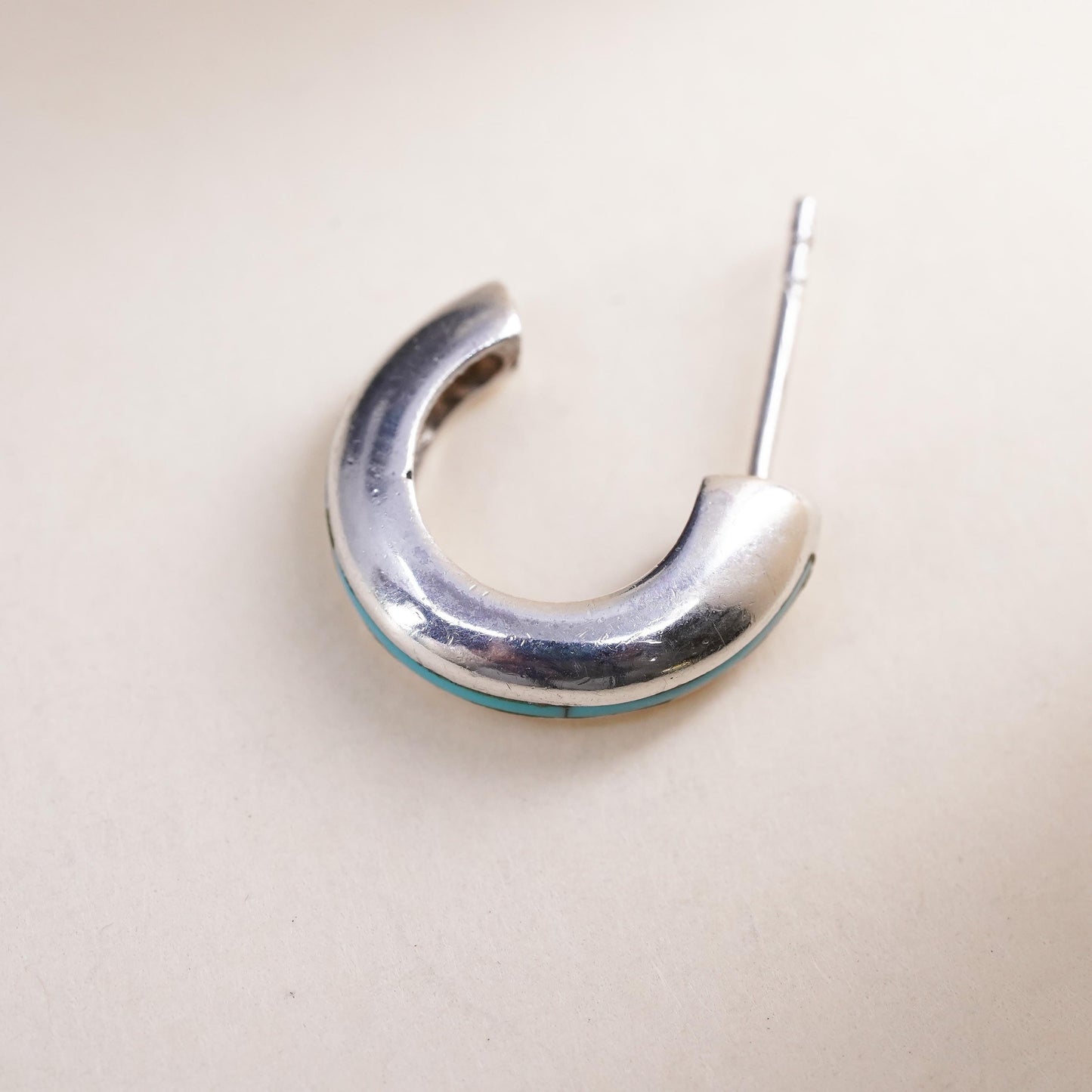 0.5”, Vintage sterling silver single earring, southwestern hoop stud turquoise
