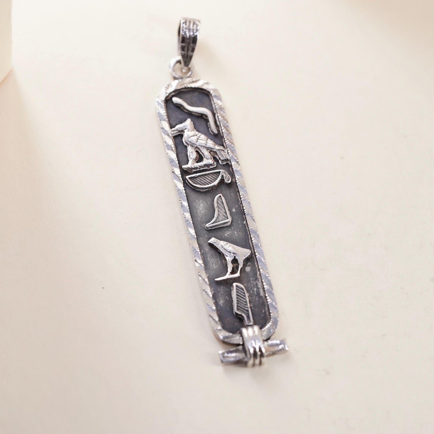 Sterling 925 Silver Egyptian Hieroglyphics Cartouche Pendant, 925 Revival Charm