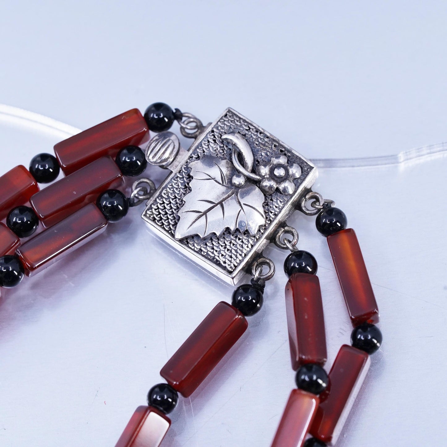 18" Sterling 925 Silver Multi Strands carnelian tube Necklace black onyx beads