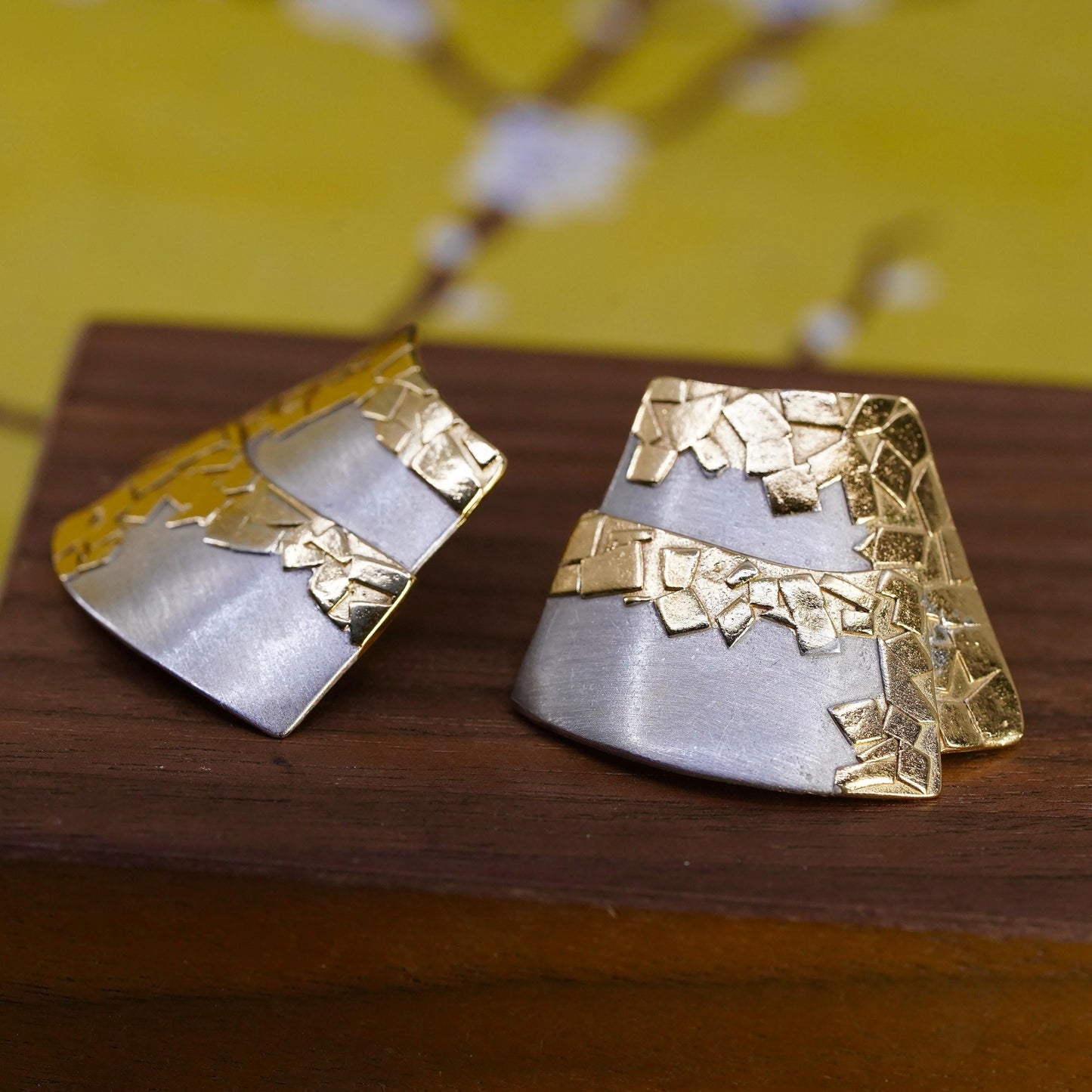 Vintage Two Tone Sterling silver handmade earrings, 925 modern studs with gold
