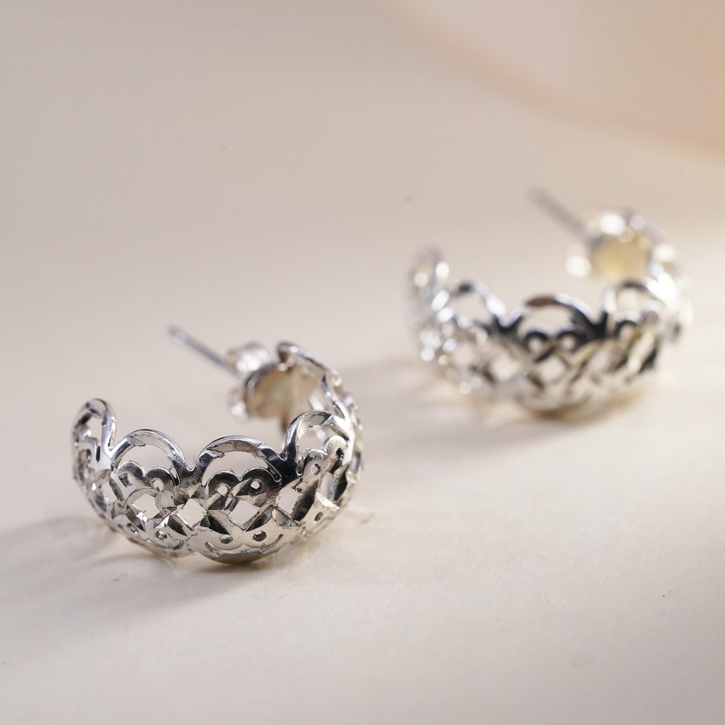 0.75", Vintage sterling 925 silver studs, filigree 925 huggie earrings