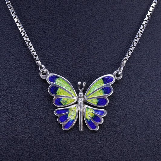 16”, vintage Sterling 925 silver box chain necklace enamel butterfly pendant