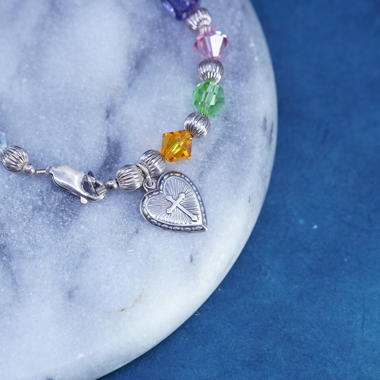 6.75”, Sterling 925 silver bracelet with colorful crystal and heart charm