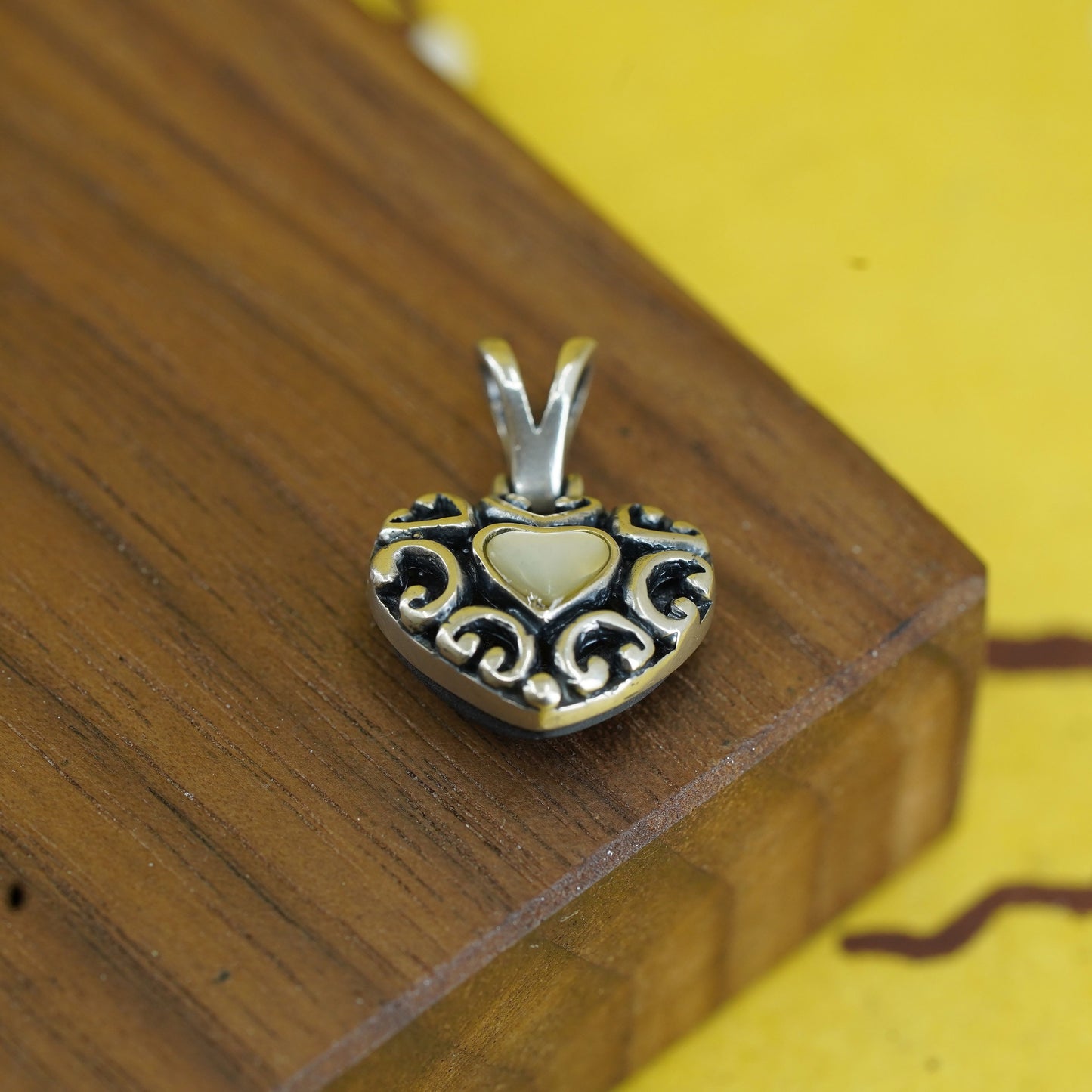 Sterling silver pendant, 925 double sided heart with mother of pearl onyx inlay
