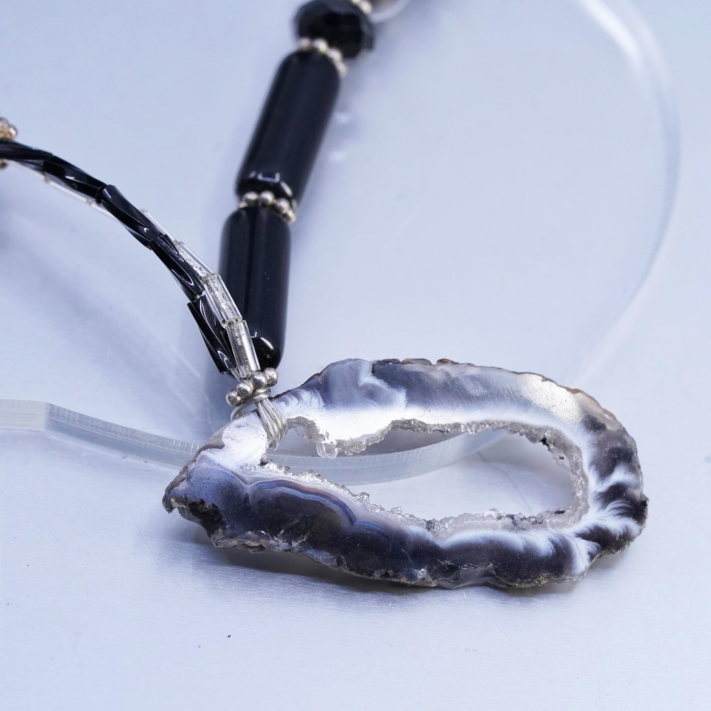 18” Sterling 925 Silver black agate beads necklace with pendant toggle closure