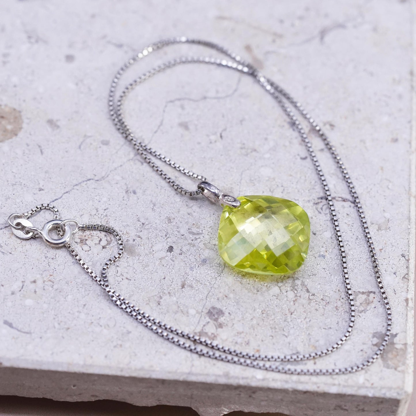 18", vintage Sterling silver necklace, 925 box chain lemon quartz pendant