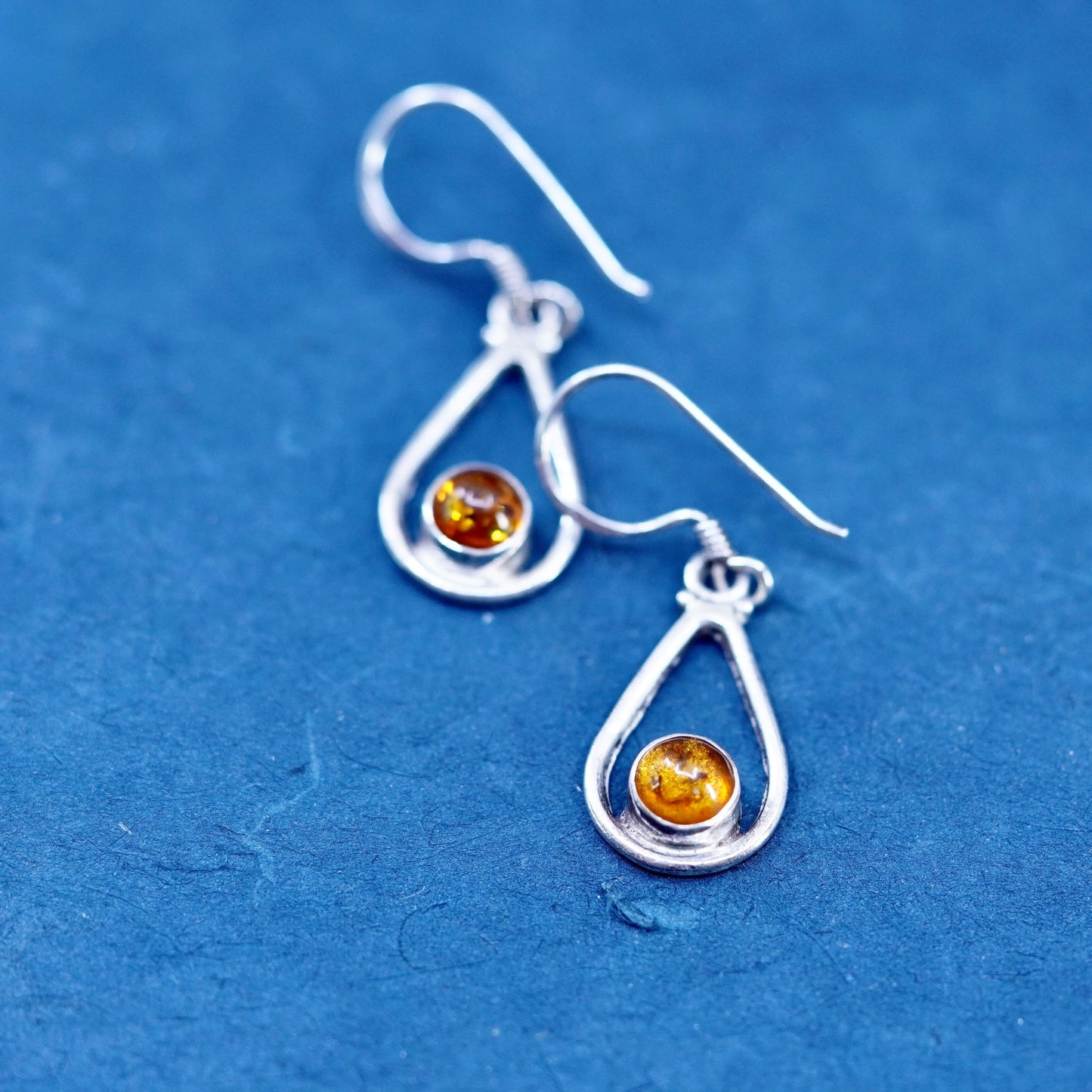 Vintage sterling silver handmade earrings, 925 teardrop with amber