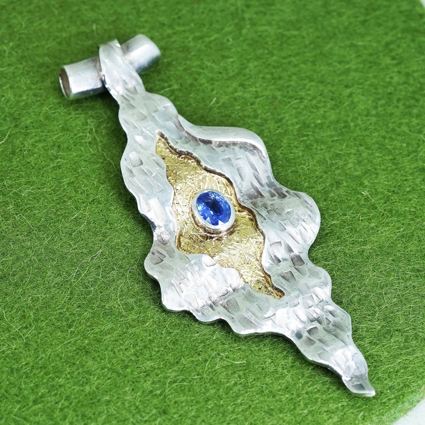 fashion two tone sterling silver pendant, huge 925 textured wave w/ blue topaz