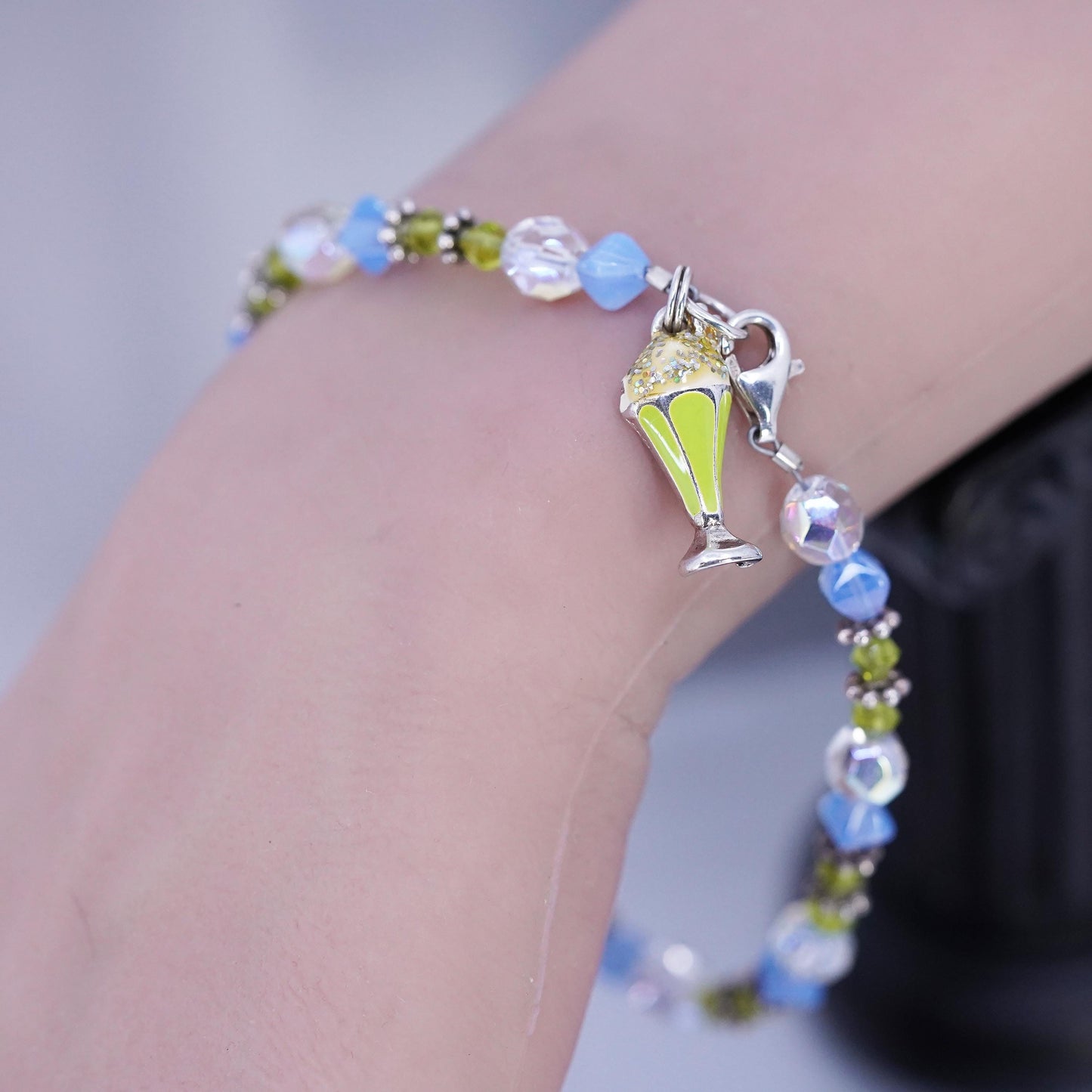 8.75", Sterling 925 Silver Bead Bracelet, green crystal chain ice cream charm