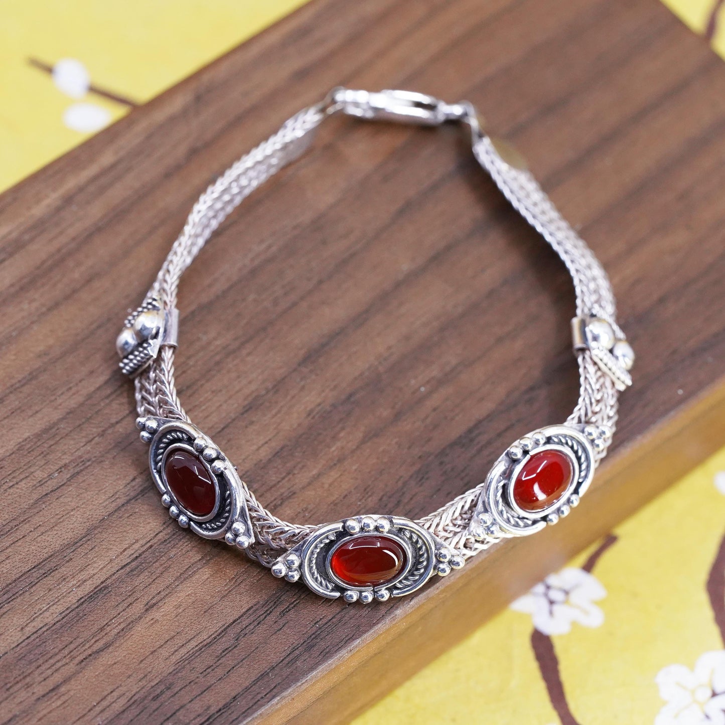 7”, VTG sterling silver bracelet, multi strands 925 wheat chain oval carnelian