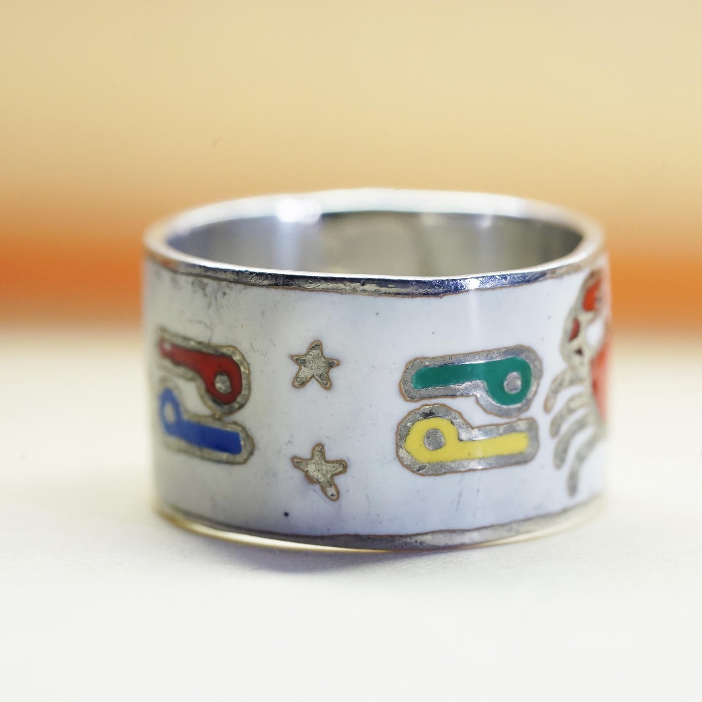 Size 4, vintage Sterling silver ring, 925 enamel tribal folk art statement band