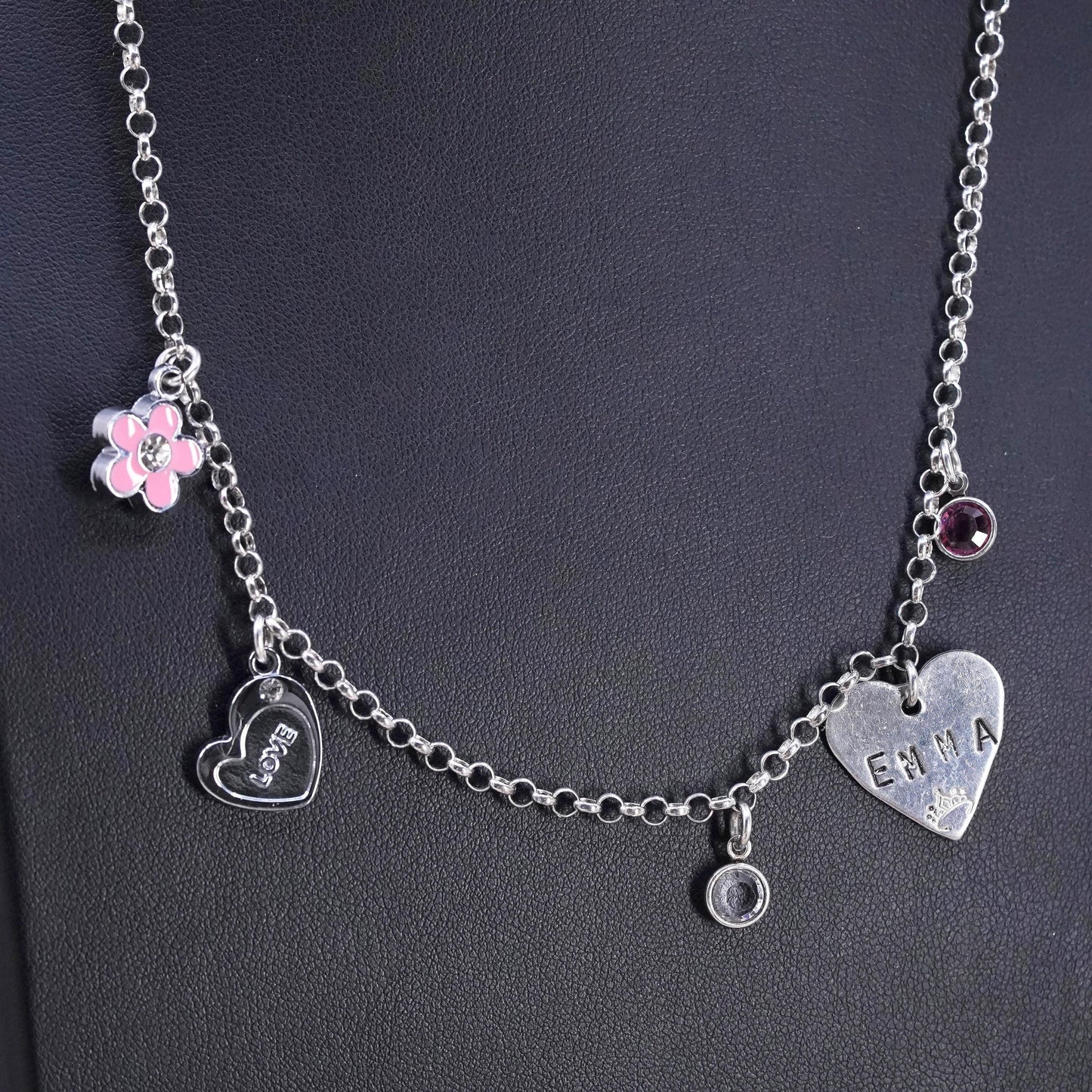 20”, Sterling silver charm necklace, 925 circle chain with heart pendant Emma