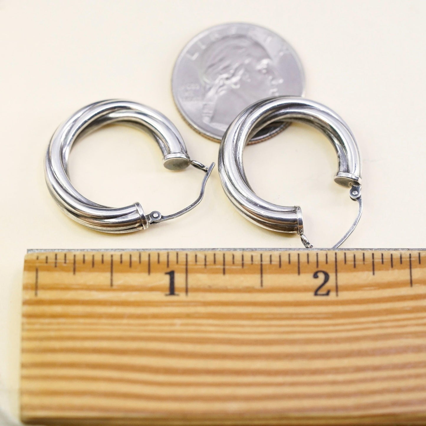 1" Vintage 925 sterling silver bold loop earrings, textured twisted hoops