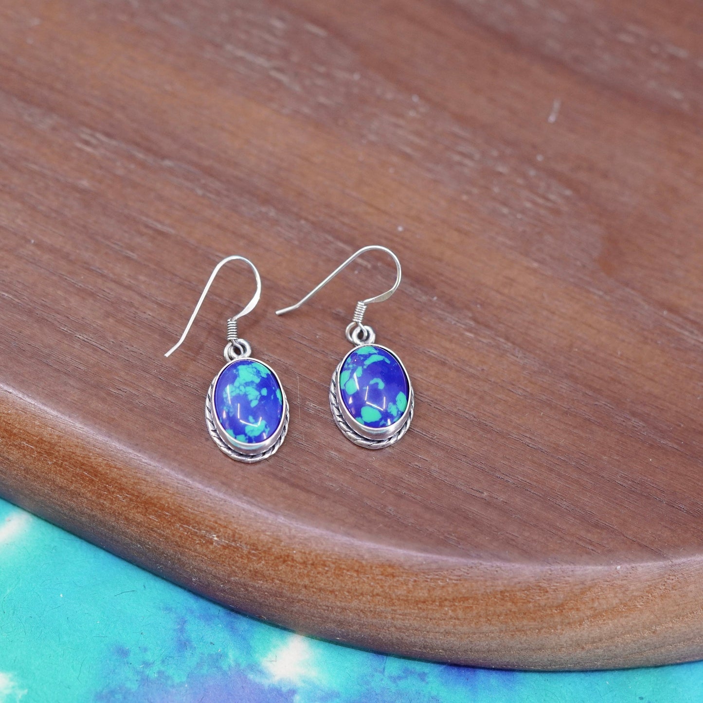Vintage Sterling 925 silver handmade earrings with oval rain flower stone