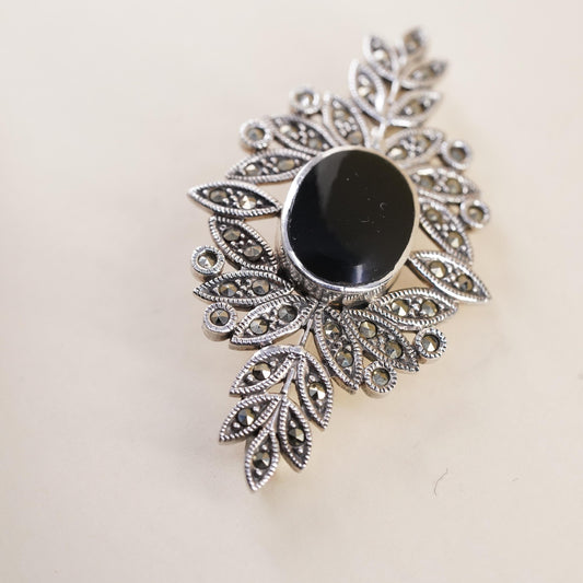 Vintage Sterling 925 silver handmade leafy long brooch onyx cluster marcasite
