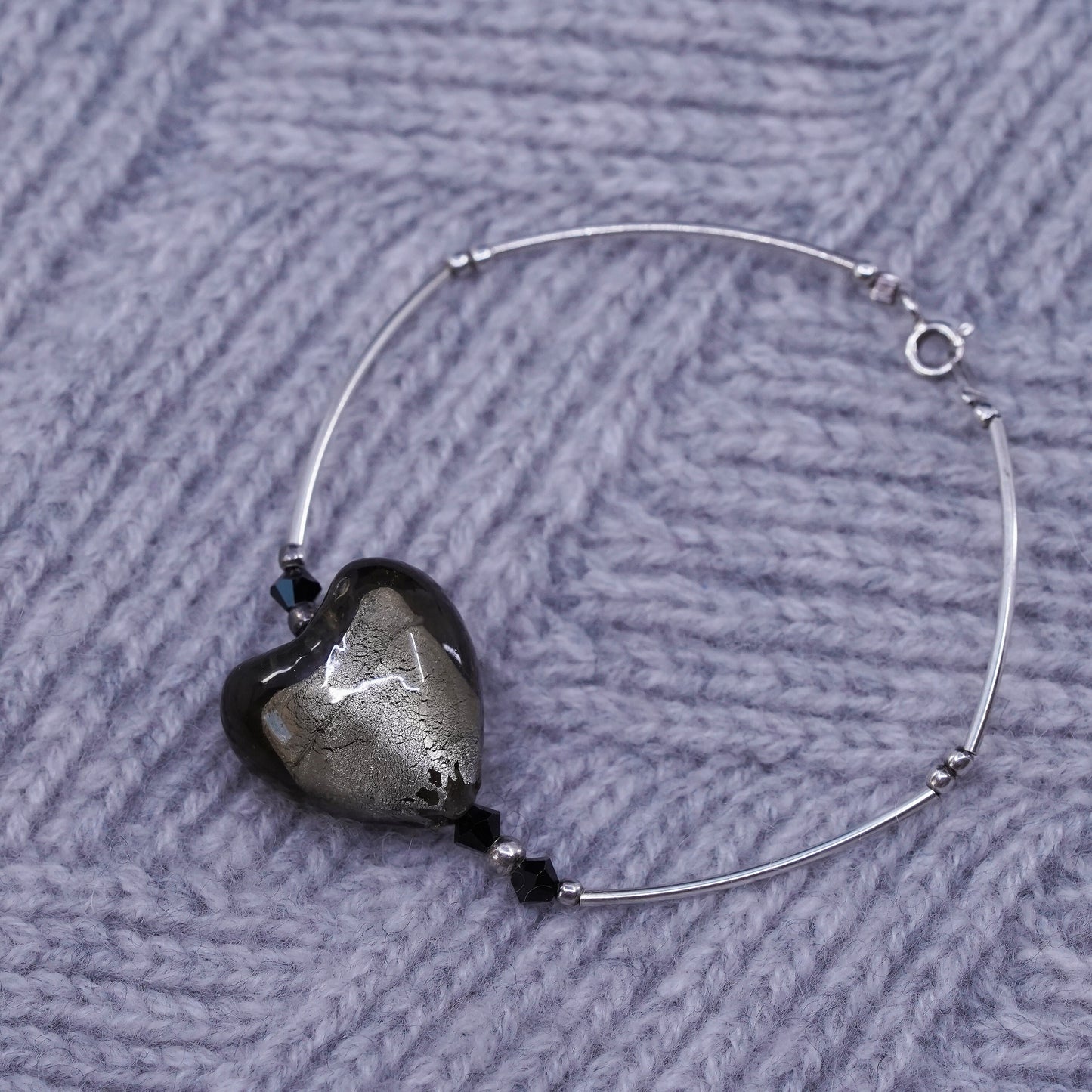 6.5", Vintage sterling 925 silver bracelet with foiled glass heart charm