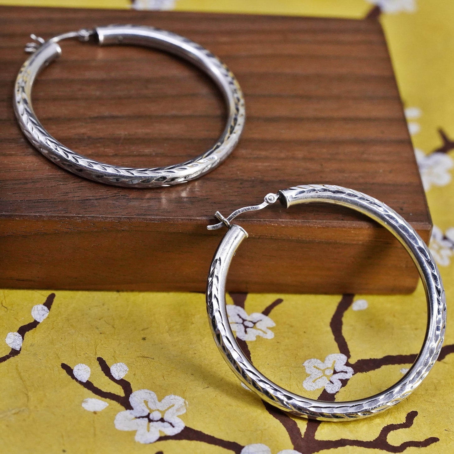 2", vintage Italian Sterling silver earrings, huge textured 925 hoops