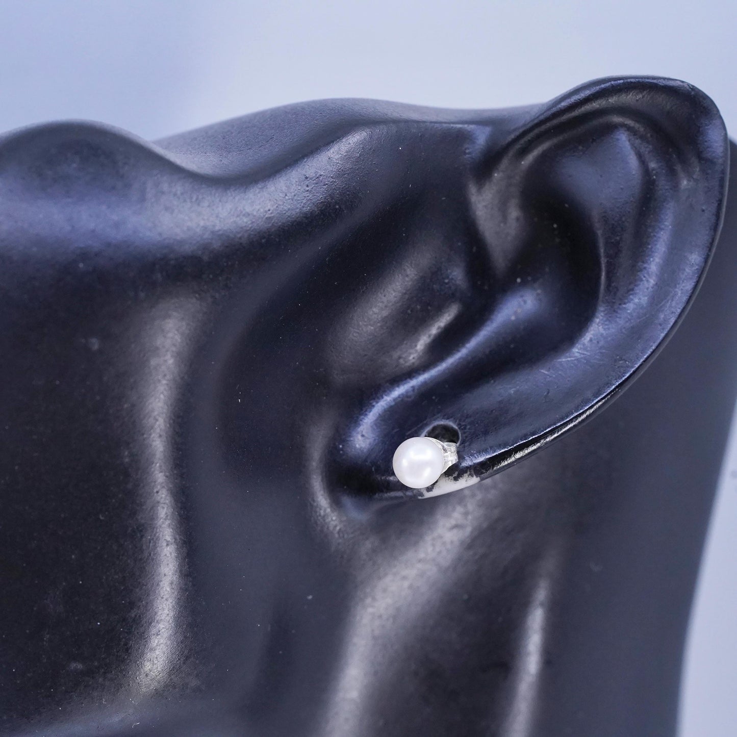 5mm, Vintage Sterling 925 silver handmade earrings, studs with pearl