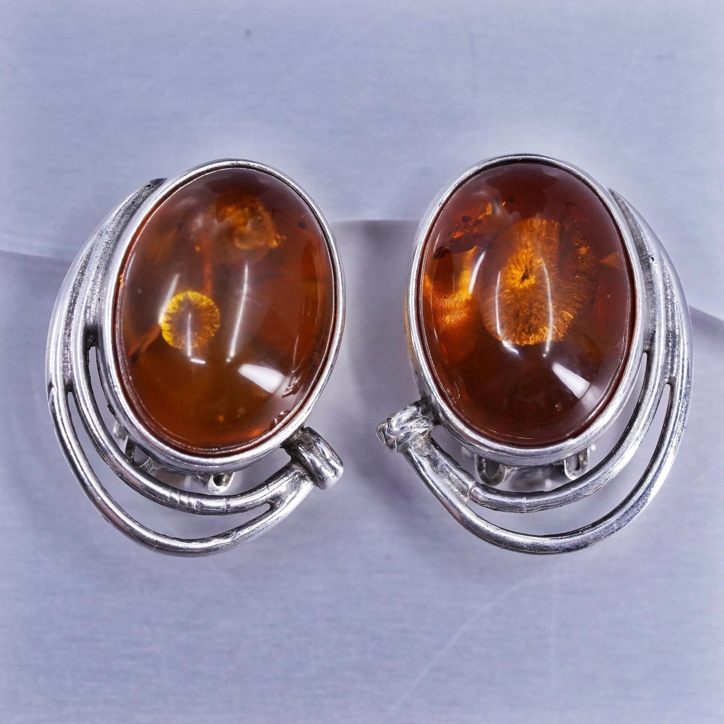 Vintage Sterling 925 silver handmade earrings, oval clip on with amber