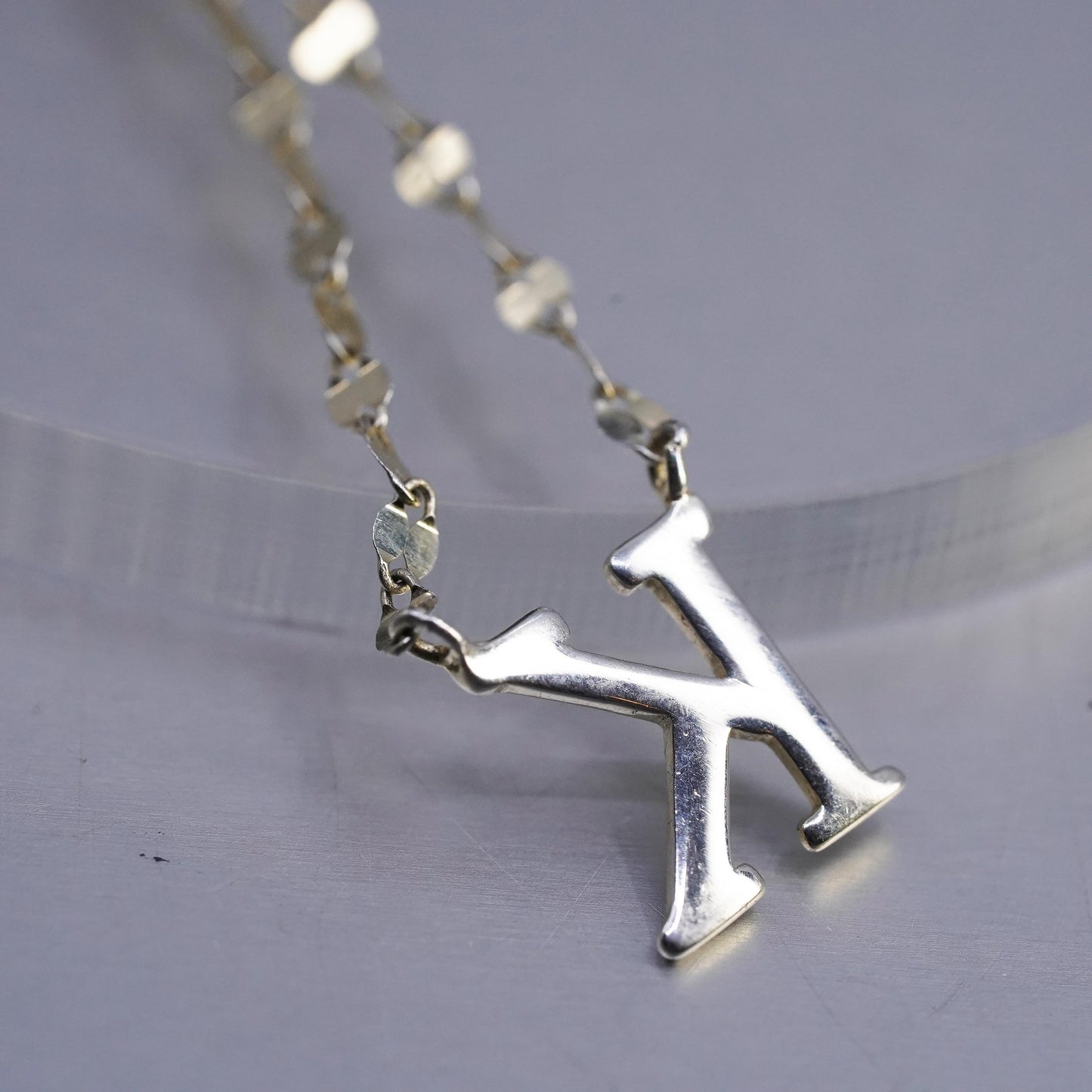 16+2", gold plated Sterling silver necklace, 925 flatten chain letter K pendant