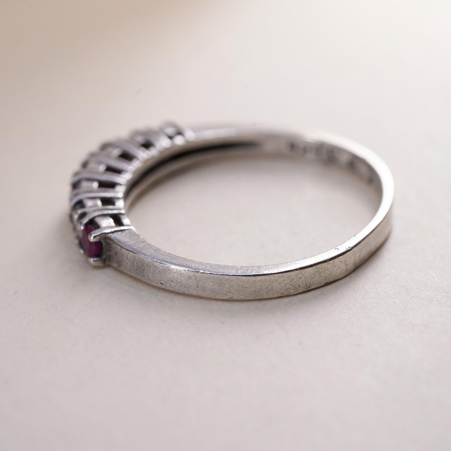 Size 9.25, Vintage sterling 925 silver handmade stackable ring with ruby and cz