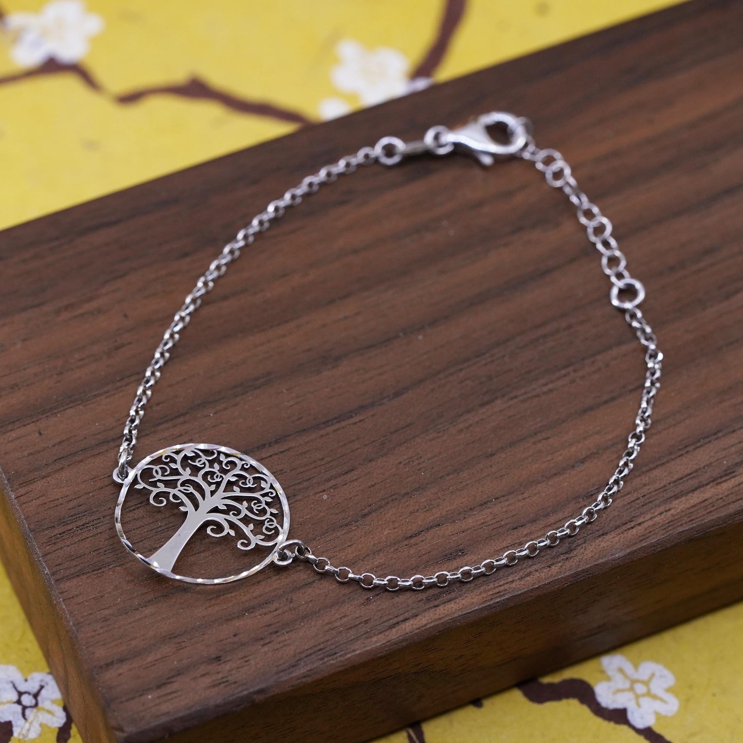 7.5" , Sterling silver bracelet, solid 925 chain filigree family tree charm