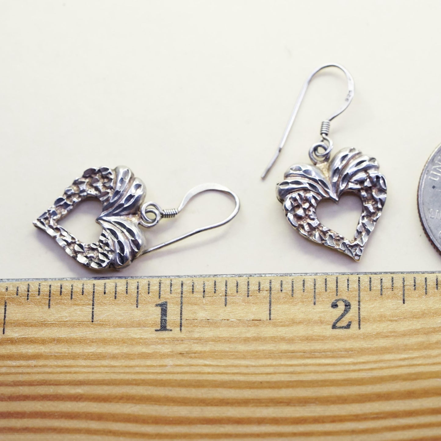 Vintage Sterling silver handmade earrings, textured 925 heart drops
